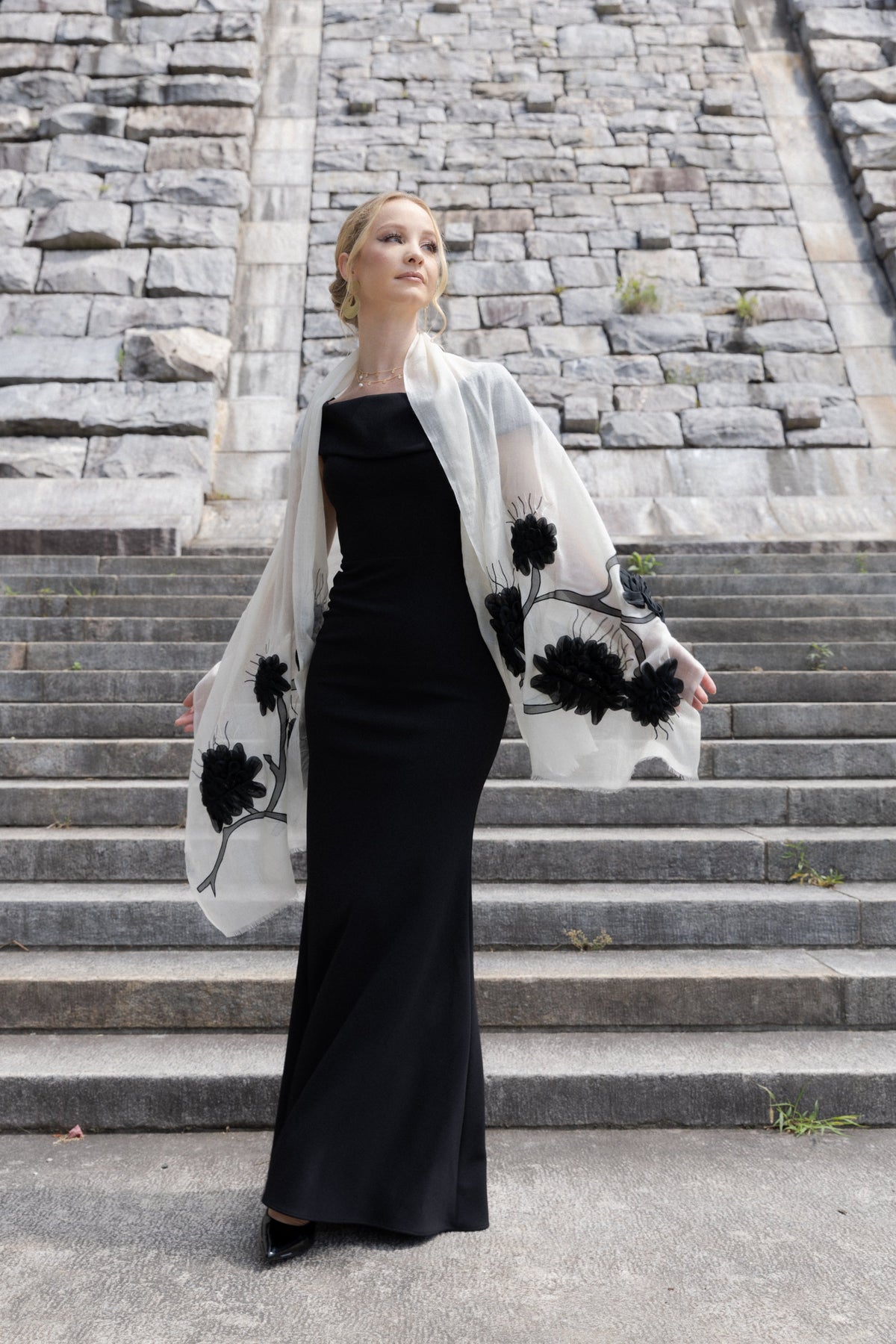 Embellished Palm Leaf Scarf Ivory