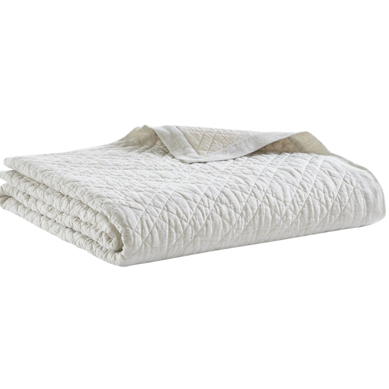 CL-254-9496_5|Soft beige linen-blend quilted coverlet, neatly folded. Ideal neutral bedding for added bedroom comfort and style.