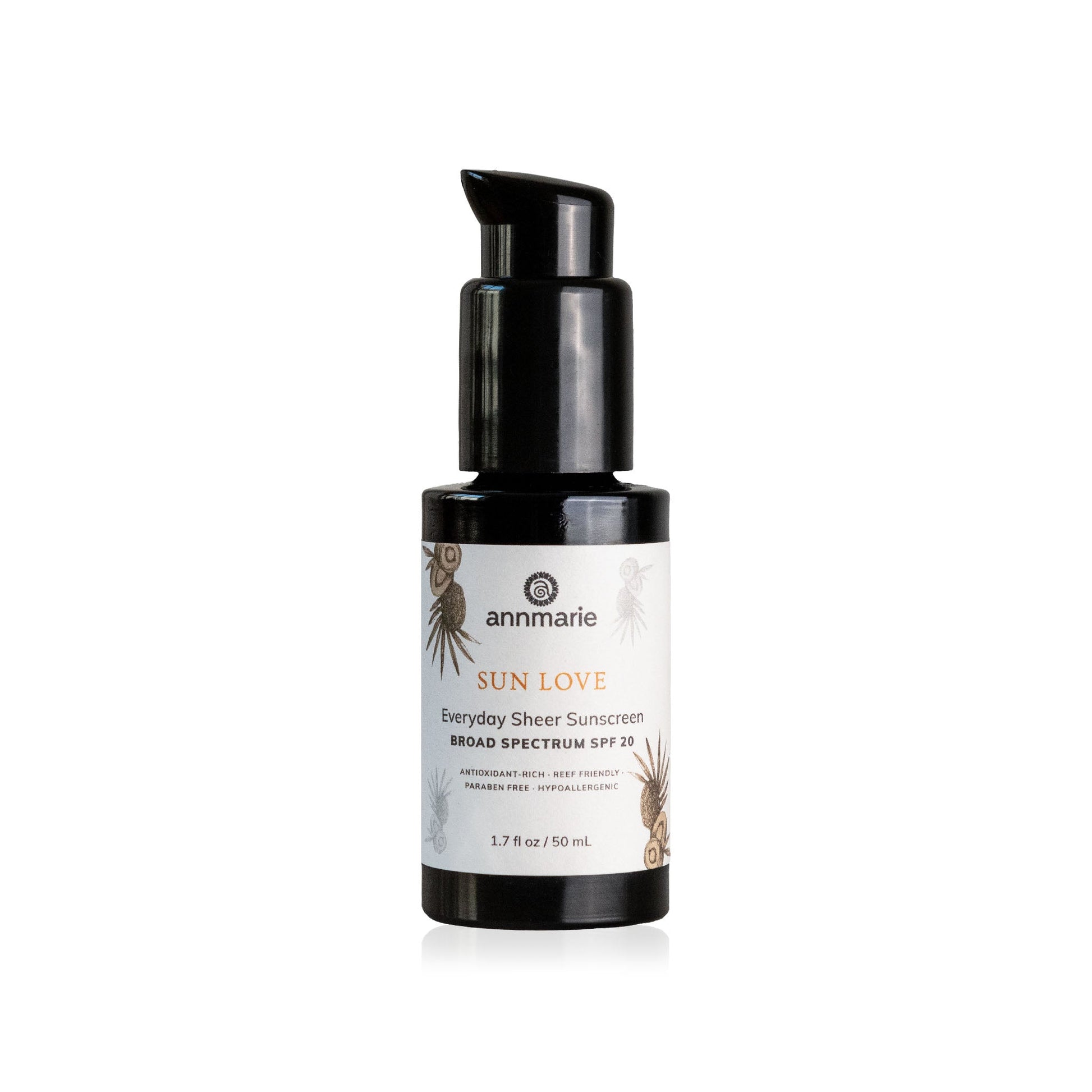 Sun Love Everyday Sheer Sunscreen SPF 20 in black pump bottle, antioxidant-rich reef-friendly sunscreen for daily sun protection.