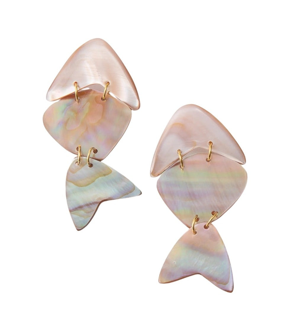 The Shellfish Earrings are composed of iridescent pink shell with natural purple and green striations. Three flat pieces of shell are linked together with gold jump rings to create a fish silhouette that can move freely.