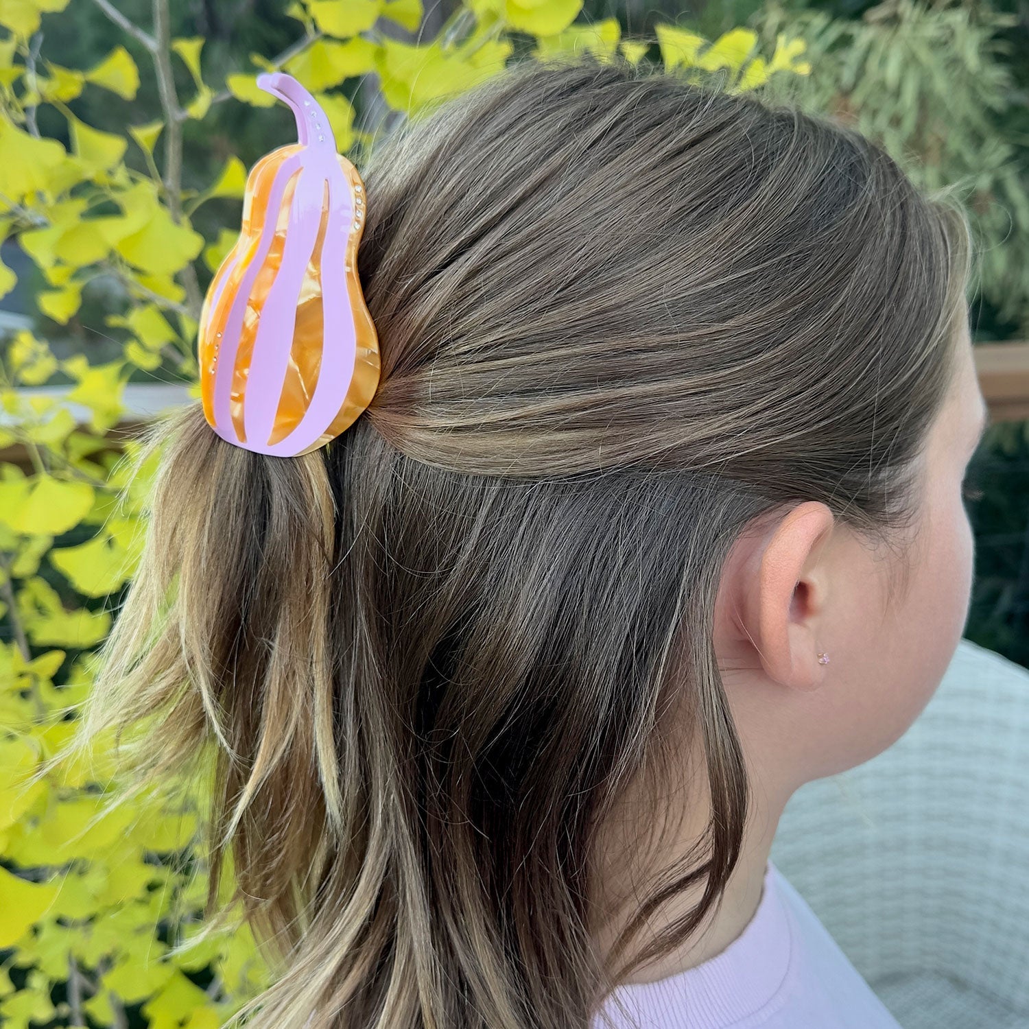 Cozy and delicious fall pink squash hair claw with Ghost Cat hair claw