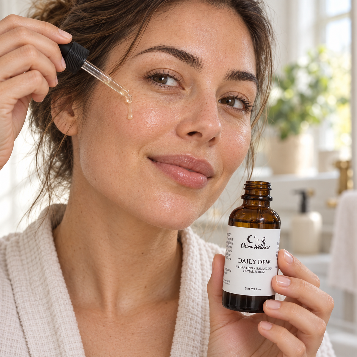 Daily Dew Facial Serum in use, included in Smooth + Restore Facial Ritual