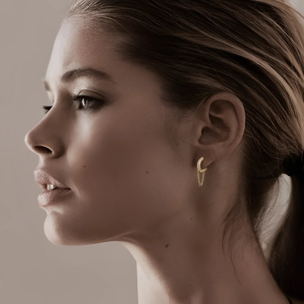 12.5mm Diamond And 14K Gold Huggies With Chain