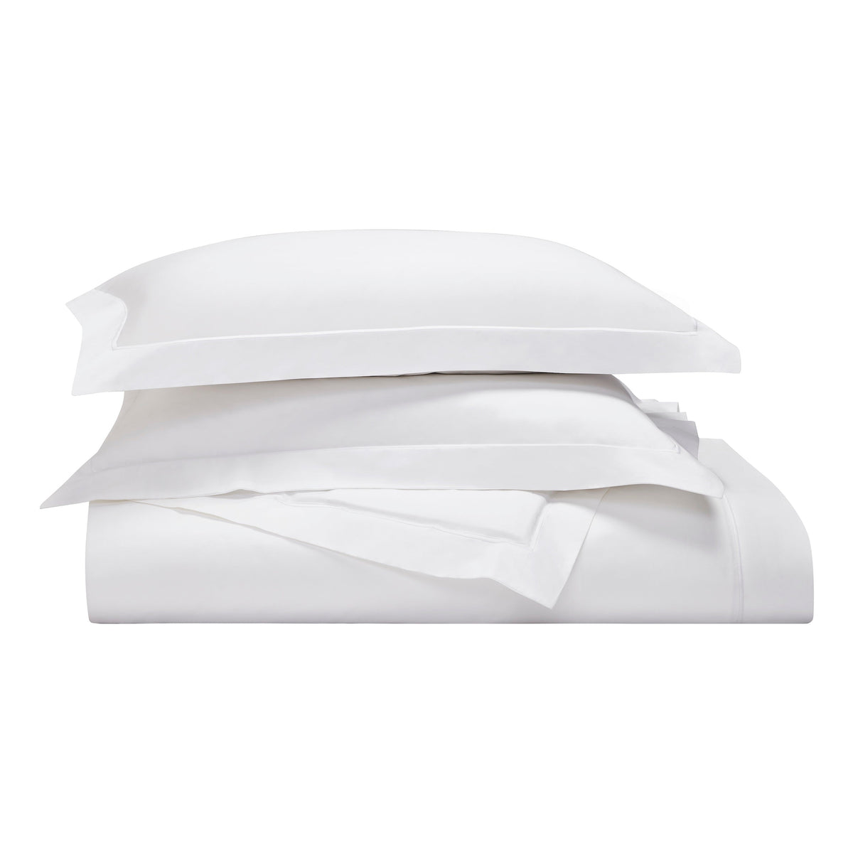 SS-055-2026_4|Collection of white bedding, stacked pillows and shams with various colored borders, coordinating with luxury duvet covers.