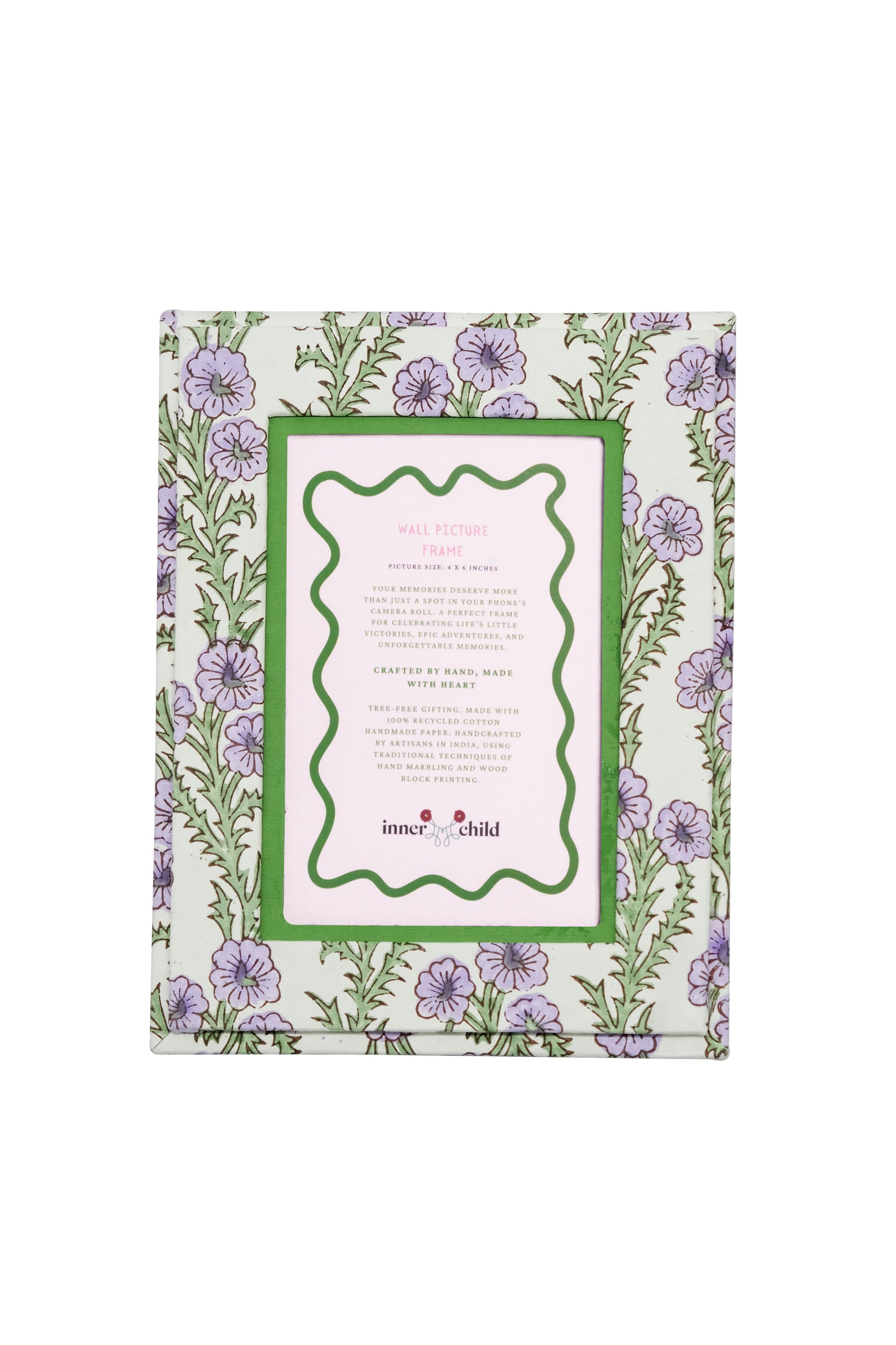 Purple forget-me-not floral wall frame with info card by Inner Child