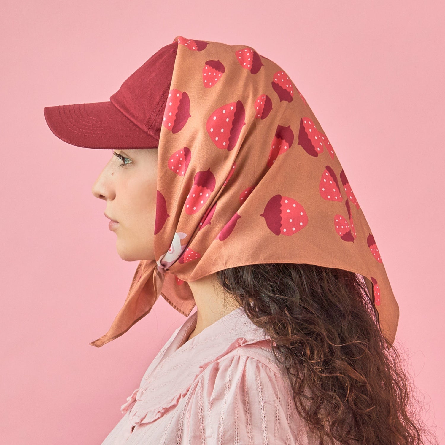 Pink Albino squirrel with a strawberry acorn on mocha mousse brown and burgundy cotton silk bandana from centinelle. Made of a luxurious cotton and silk twill blend with a precise machine-stitched hem. Ethically sourced 