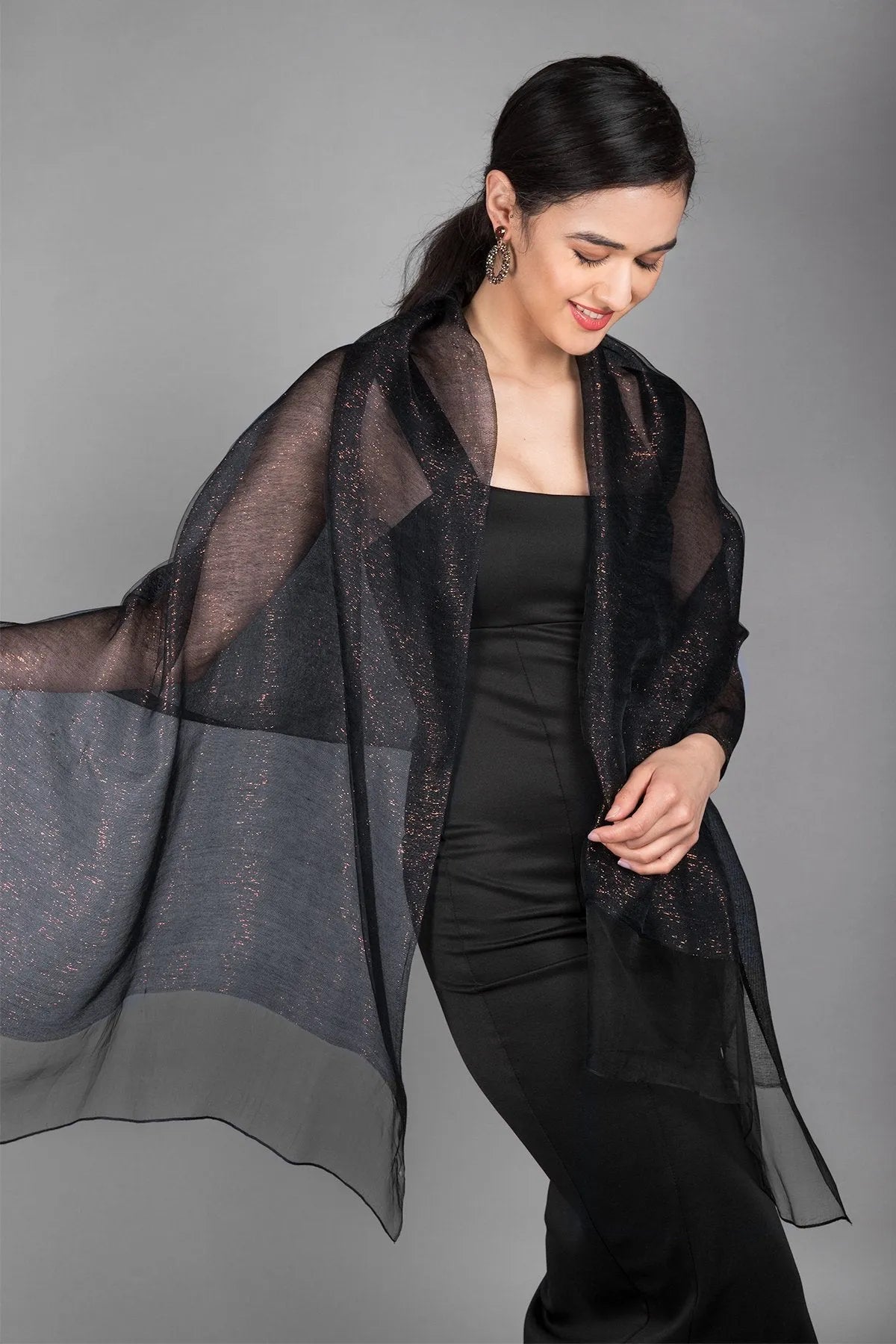 Silk Sparkle Wrap Scarf Black with Copper