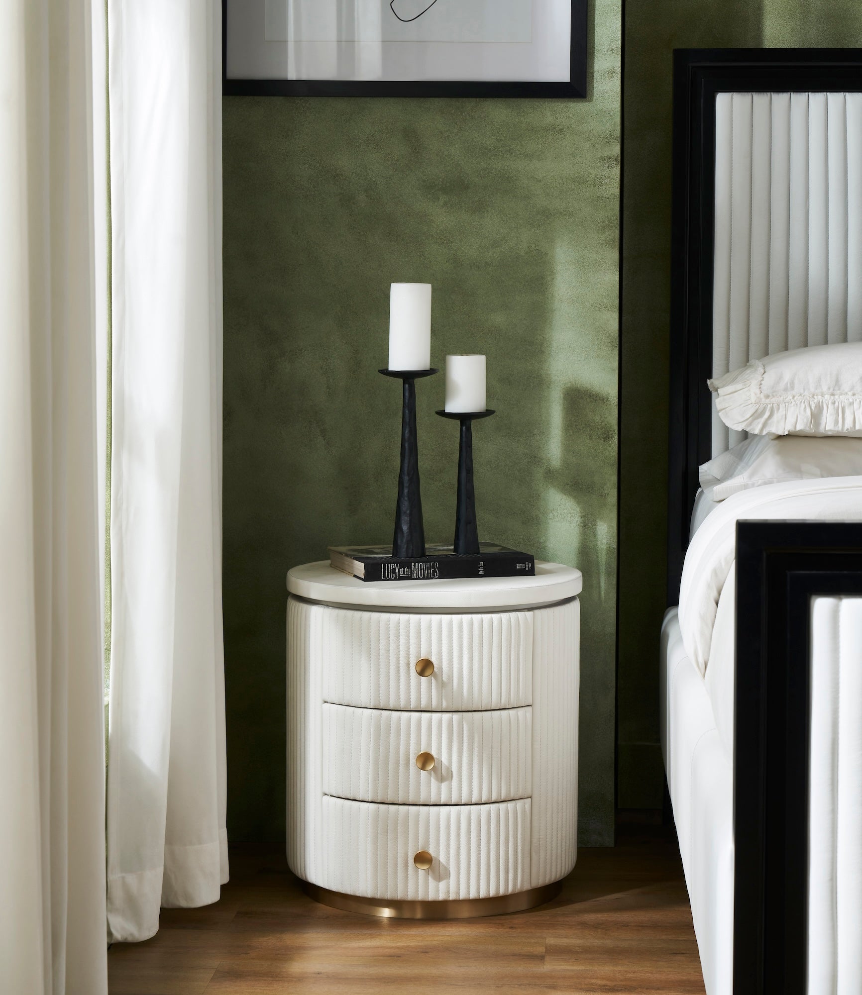 FN-5212-202022_6|White fluted leather nightstand beside black headboard, completing luxurious leather furniture bedroom set.