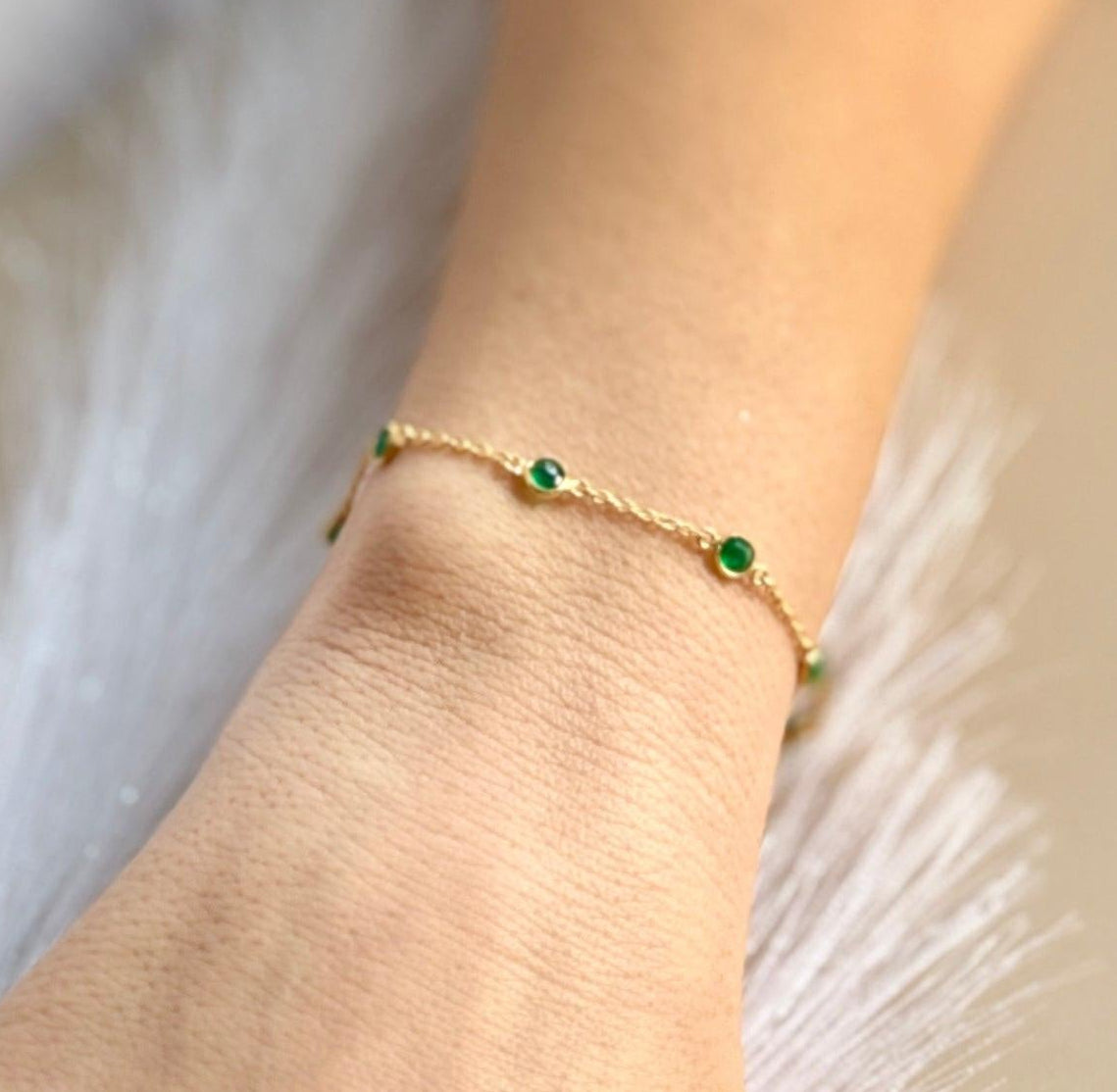 May Birthstone Bracelet — Emerald minimal everyday fine jewelry in solid gold and sterling 925 silver with natural gemstones.