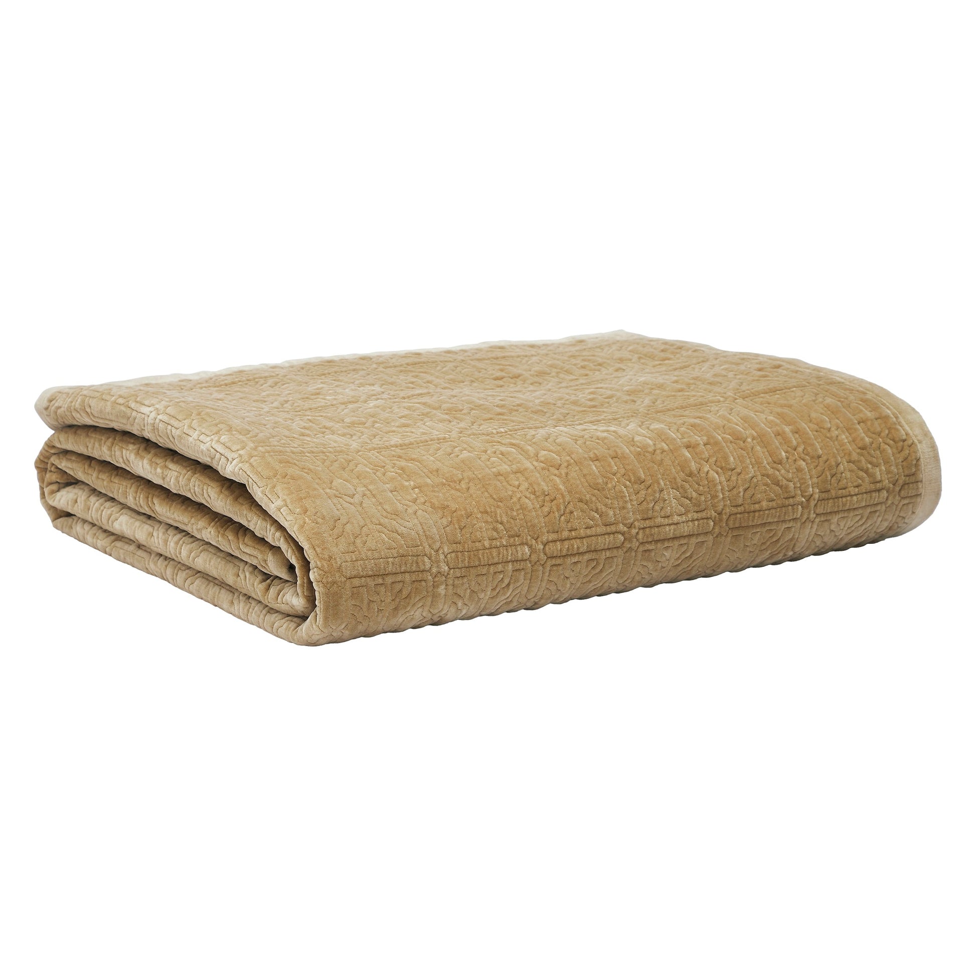 QT-377-9496_9|Neatly folded tan quilt with a subtle embossed geometric pattern, perfect for adding warmth and sophisticated style to any bed.