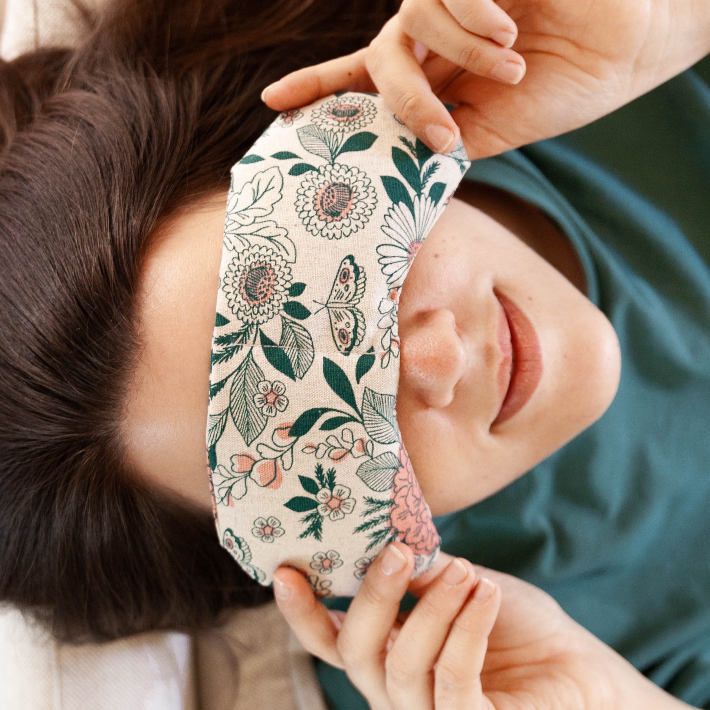 Woman with Eye Mask - Hidden Falls pattern on eyes. Made by Slow North