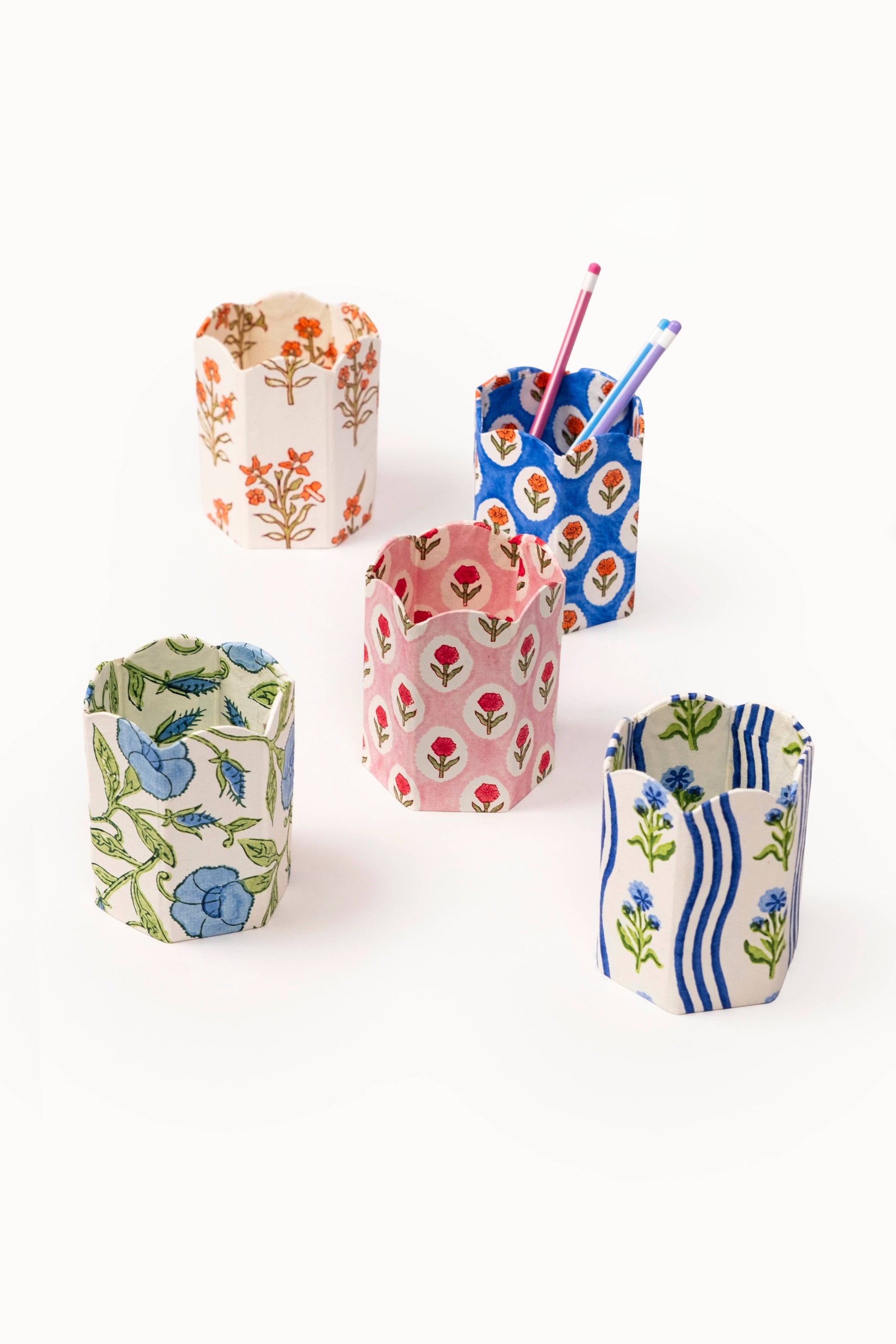 Block Print Pencil Holder - Leher Blue (Collapsible)