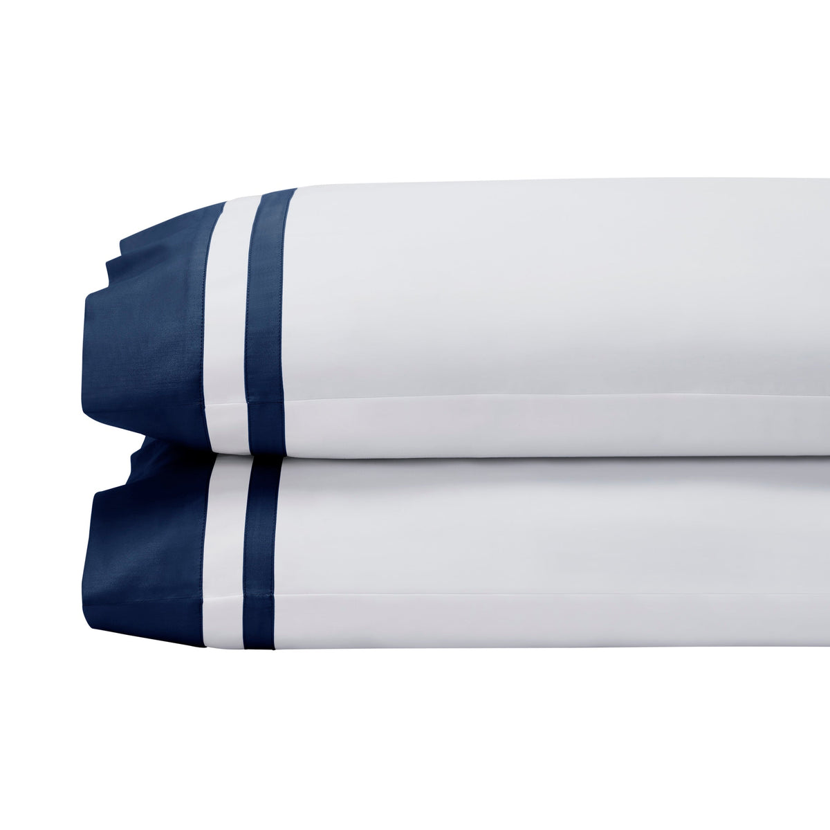 AKP-543-2040_1|Two stacked, folded 100% cotton sateen pillowcases, each with wide beige solid and white striped borders on the hem.