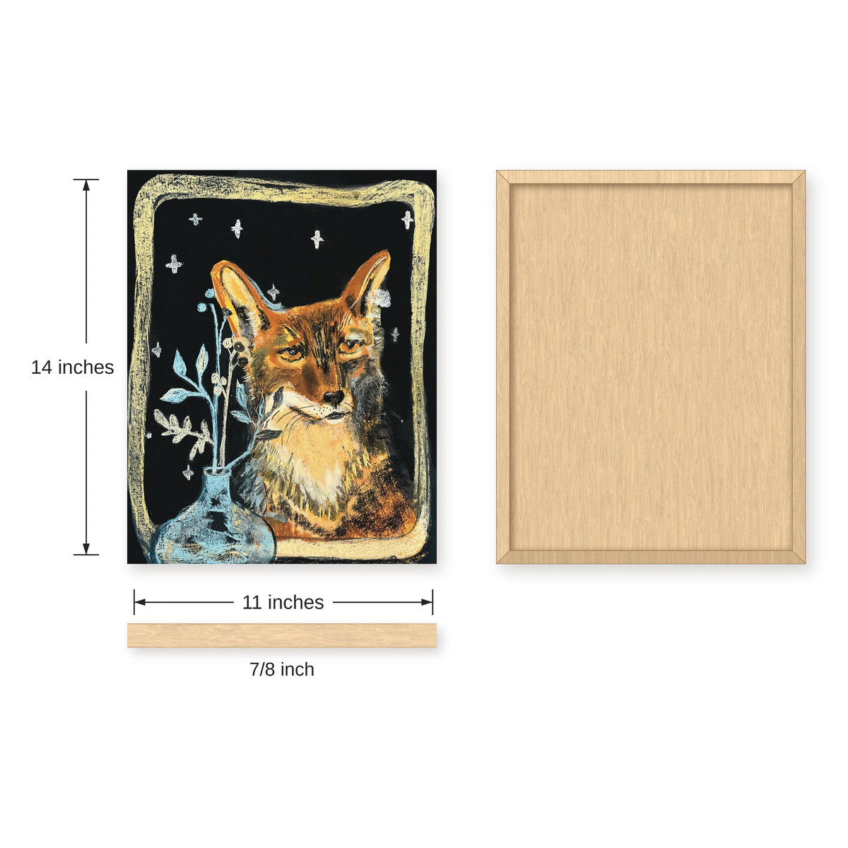 Fox with the Vase fox looking into the window art print, 11x14 size guide with front, back and side dimensions