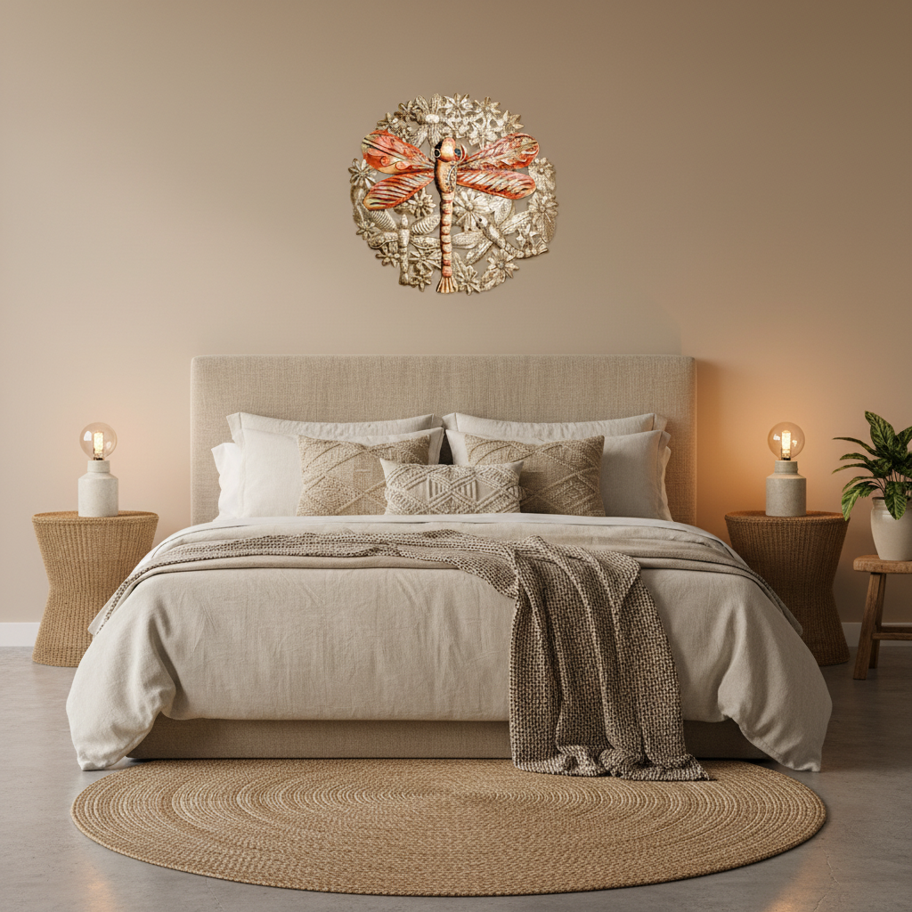 Painted King of the Dragonflies Haitian metal art above bedroom headboard boho decor – RND03922