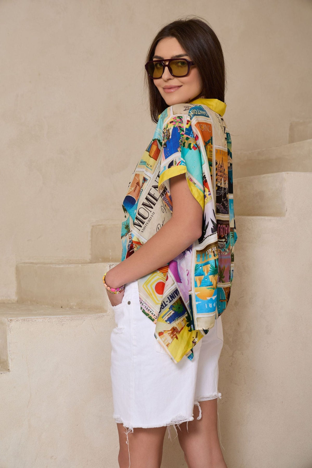 Vintage Postcard Button Shirt - MULTI