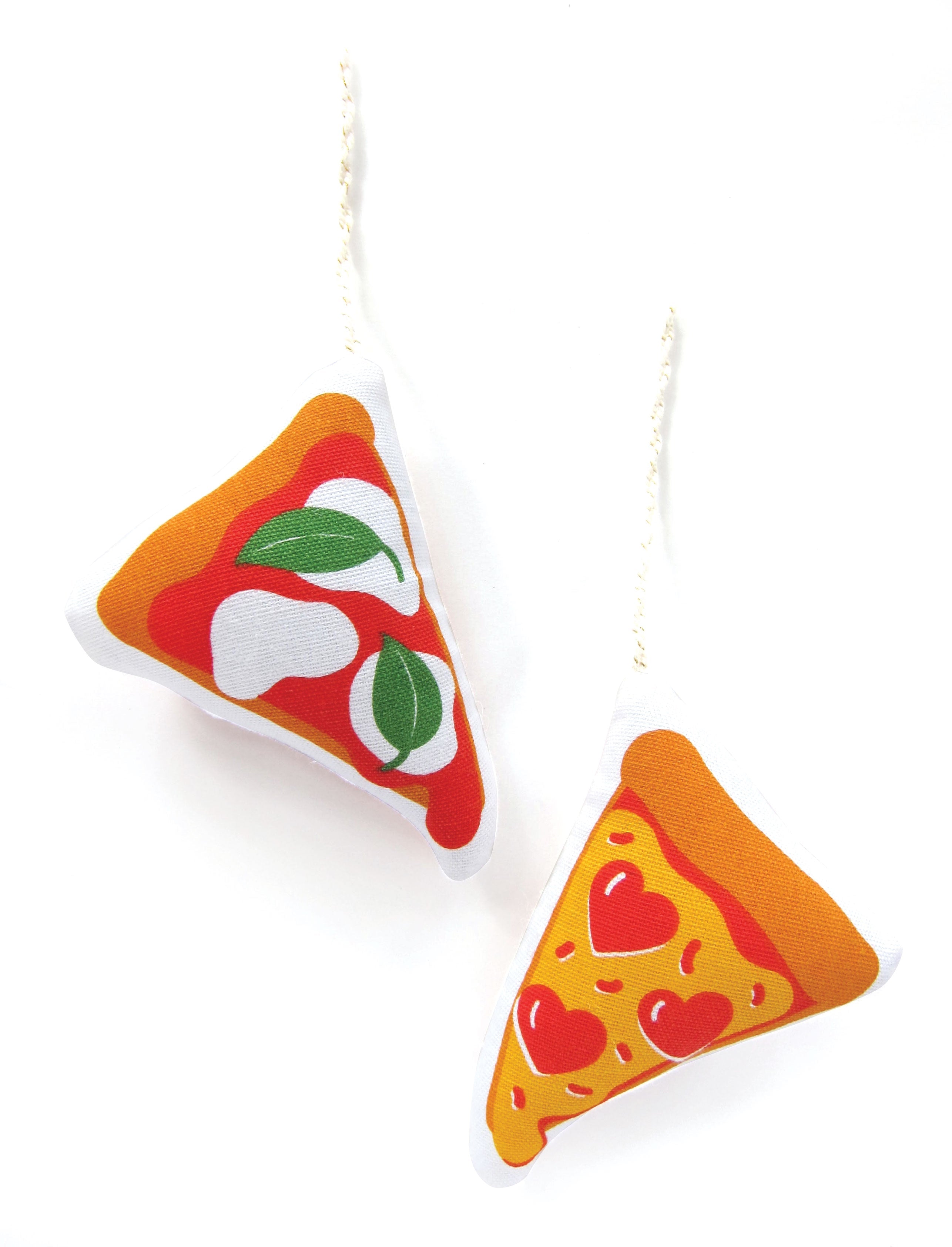 Soft ornament of a slice of pizza; Side 1 is margherita, Side 2 with heart shaped pepperoni