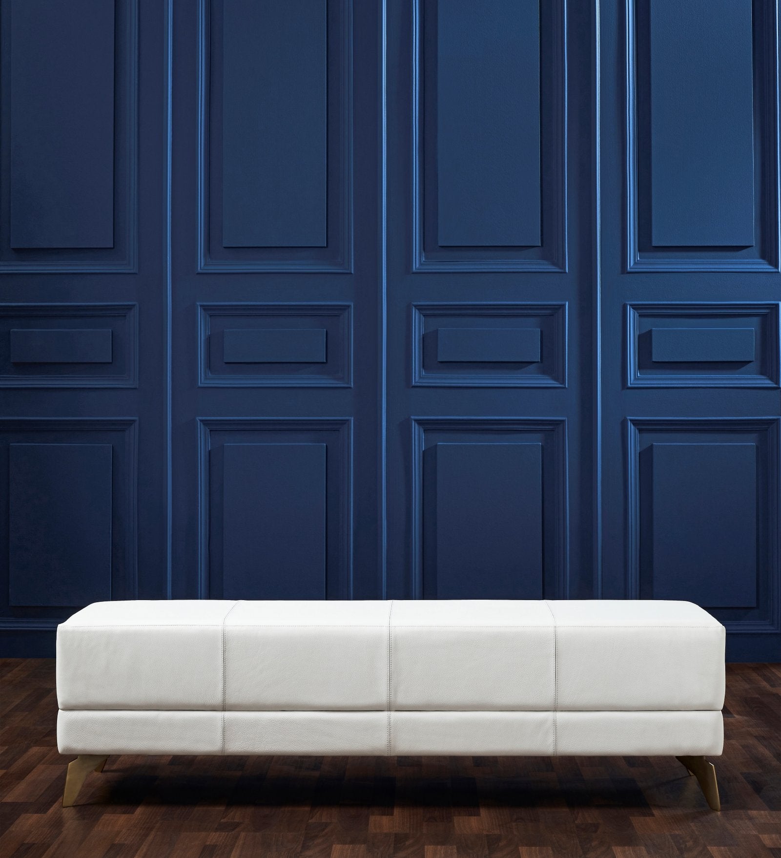 FN-5201-601618_1|Modern white leather upholstered bench with sleek gold legs, offering elegant and versatile seating for bedrooms or entryways.