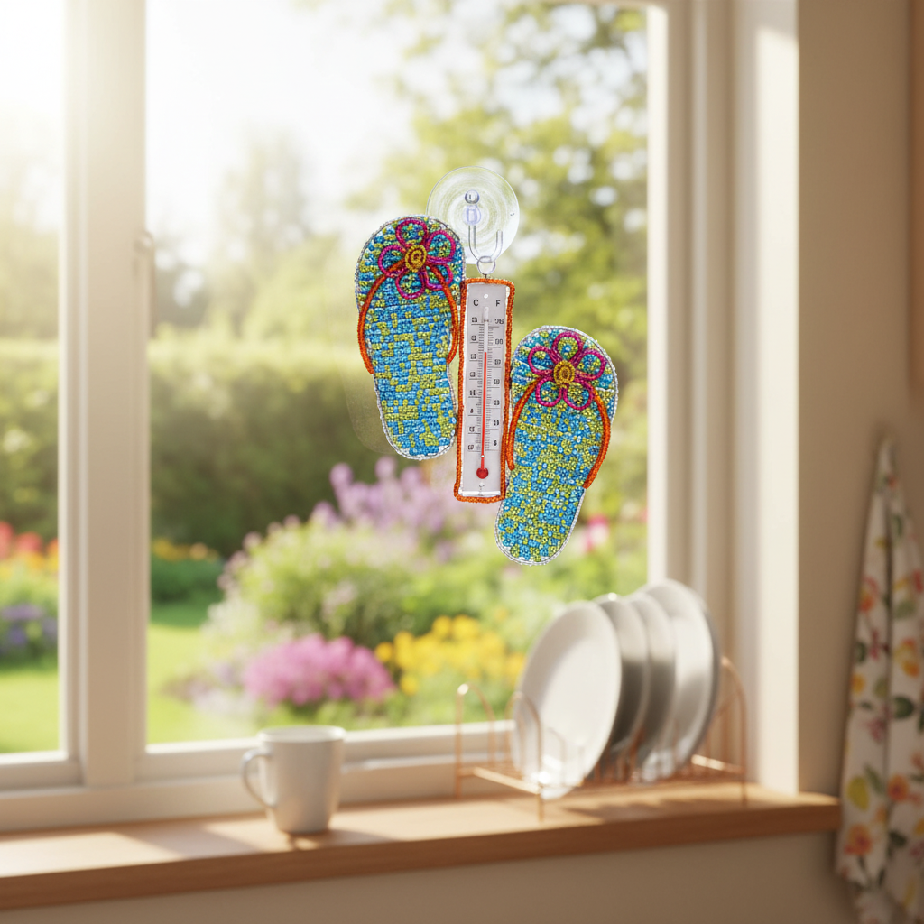 Thermometer Flip Flop Set of 2 mounted on kitchen window with suction cup