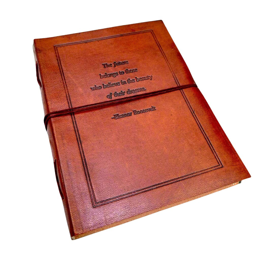 Minimalist leather notebook with embossed mantra – ethically made, ideal for personal growth and inner peace