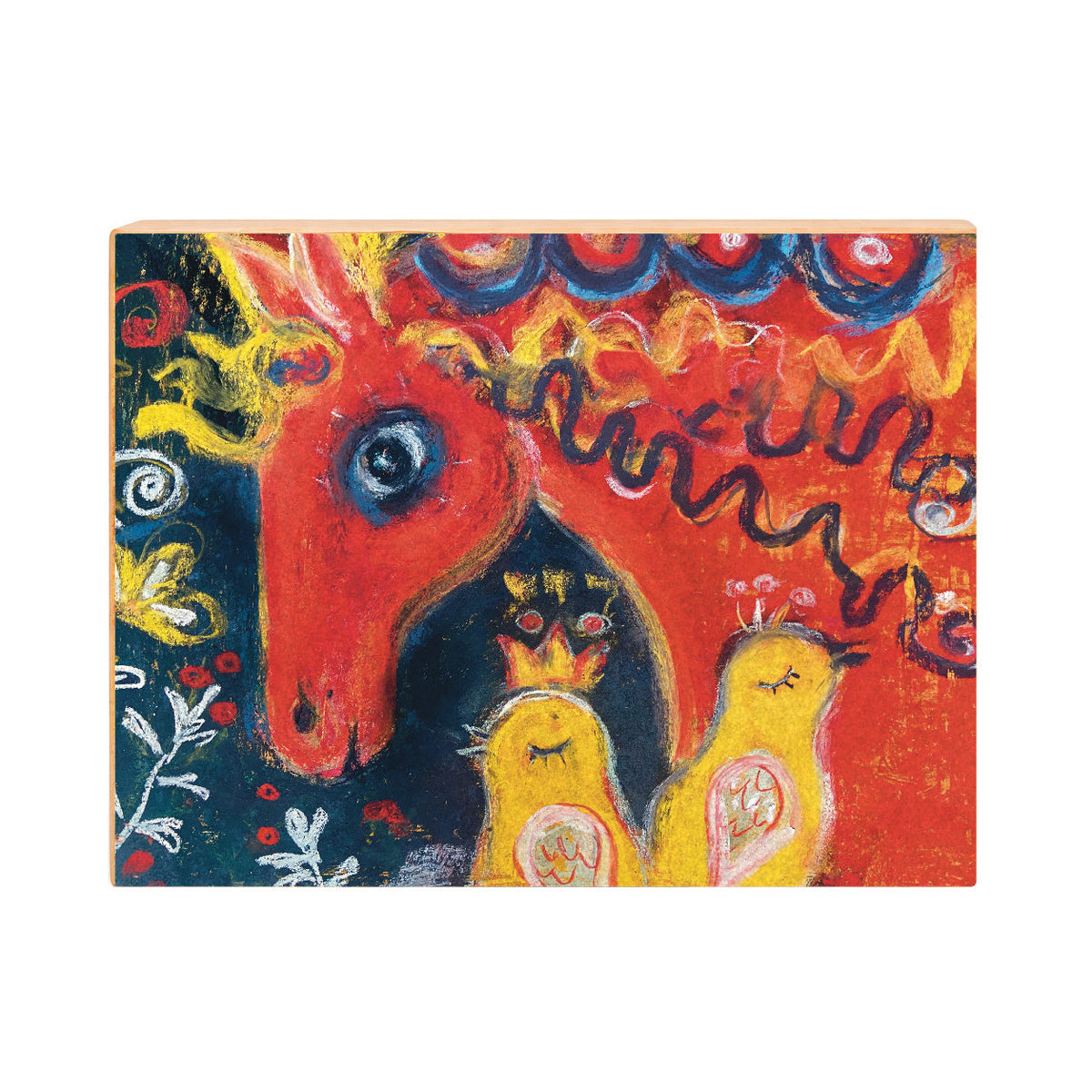 Horse and birds folk art print, front view on gesso board
