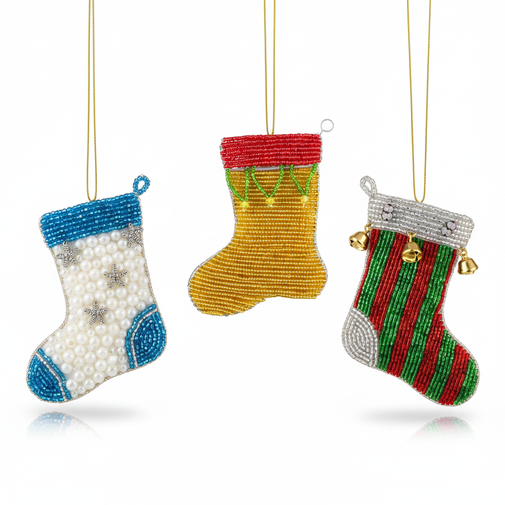 Handmade beaded Christmas stocking ornament set of 3 on white background