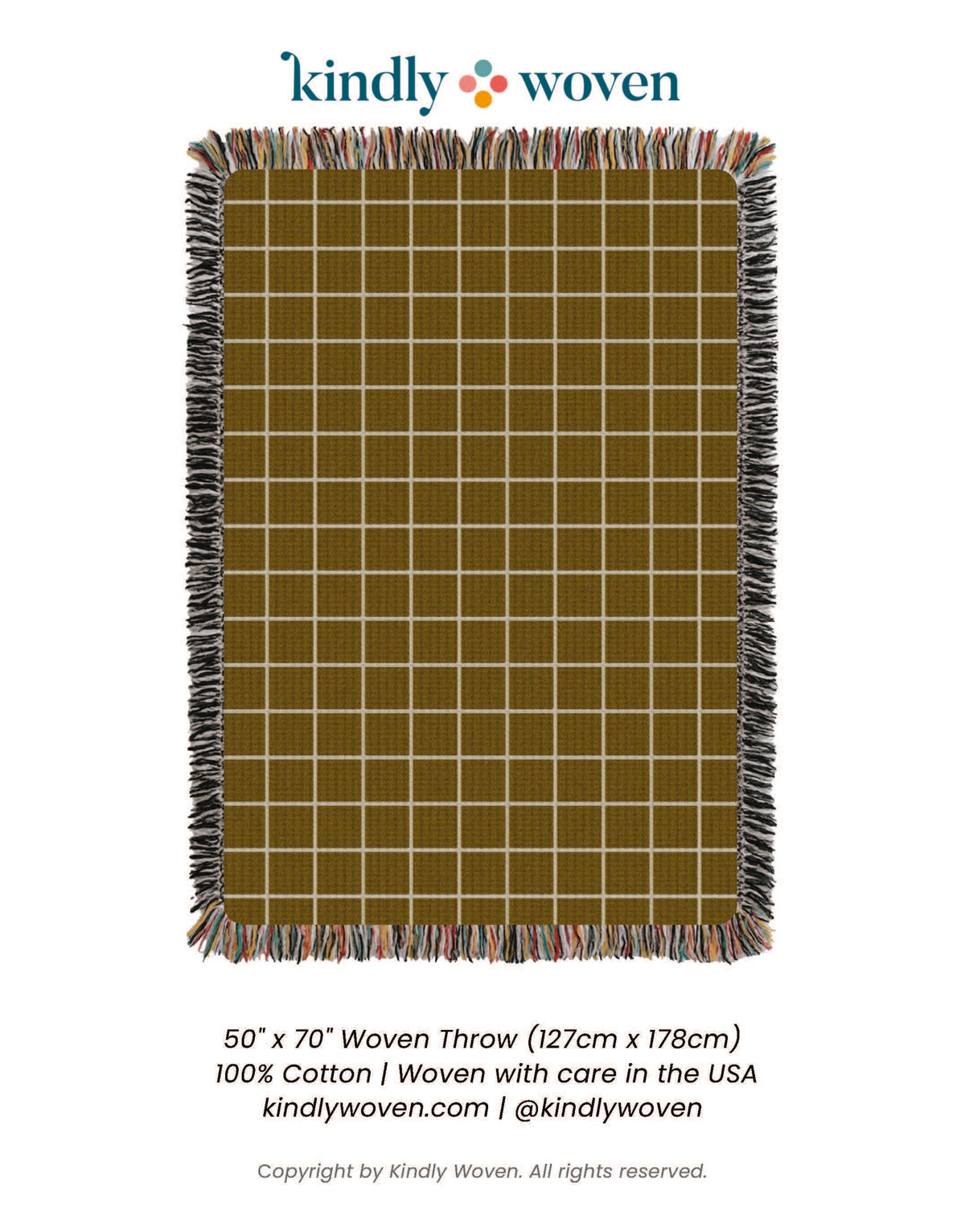 Full view of Greer Acorn golden brown grid reversible woven throw blanket with fringe