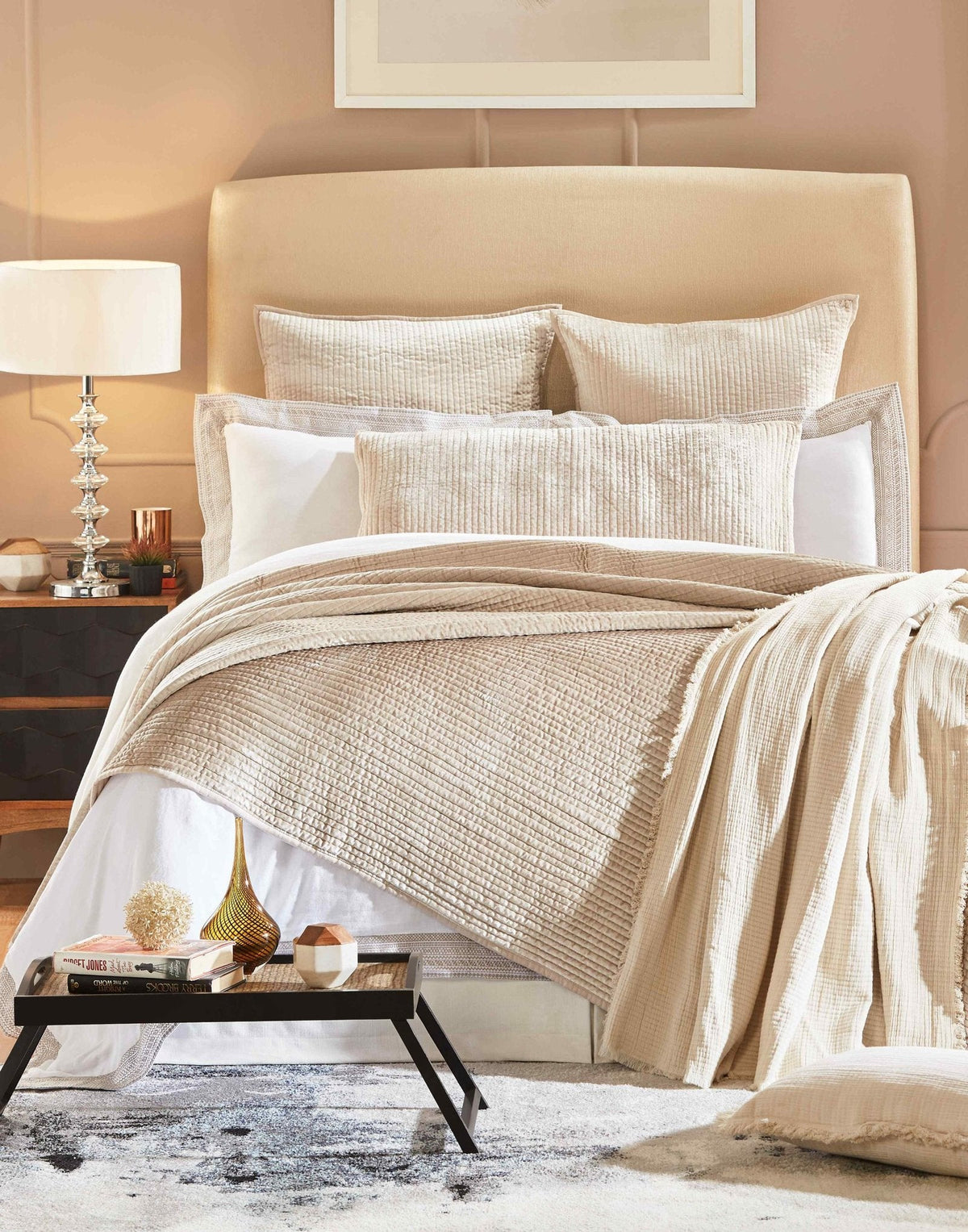 CL-169-11096_2|Stylish grey ribbed coverlet elegantly layered on a queen bed, offering a sophisticated and warm touch to a contemporary bedroom.