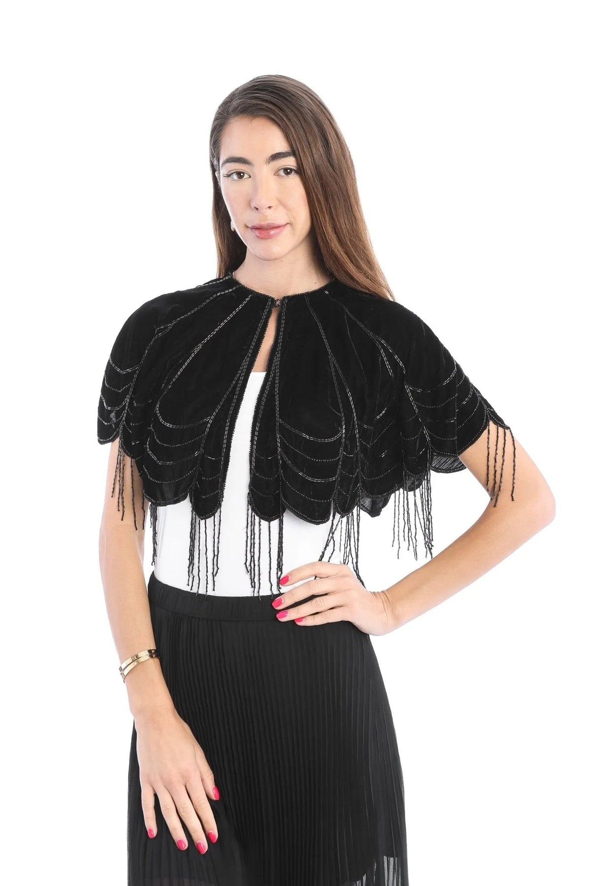 Scallops Embellished Velvet Capelet - Black