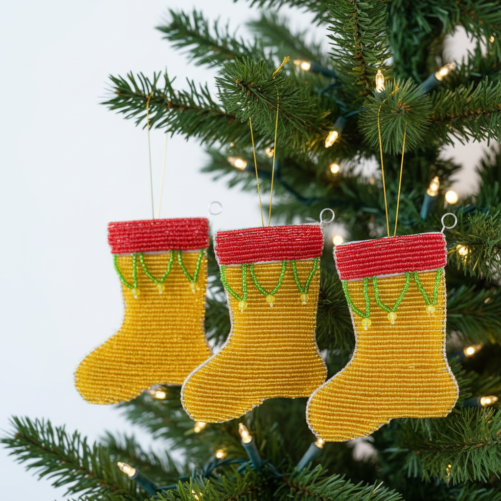 Handmade beaded Christmas stocking ornaments hanging on Christmas tree
