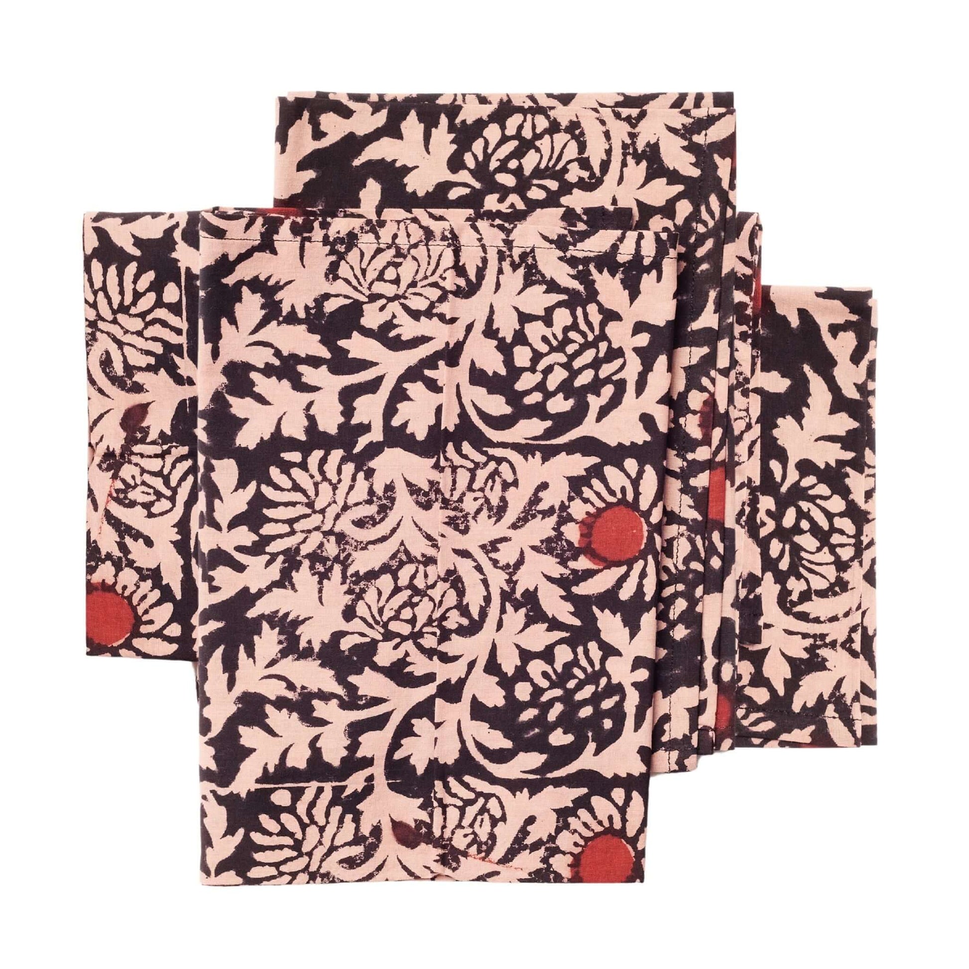 Hummus Floral Wax Block Printe Cotton Table Napkin( set of 4 ) stacked design with floral motifs in black and red.