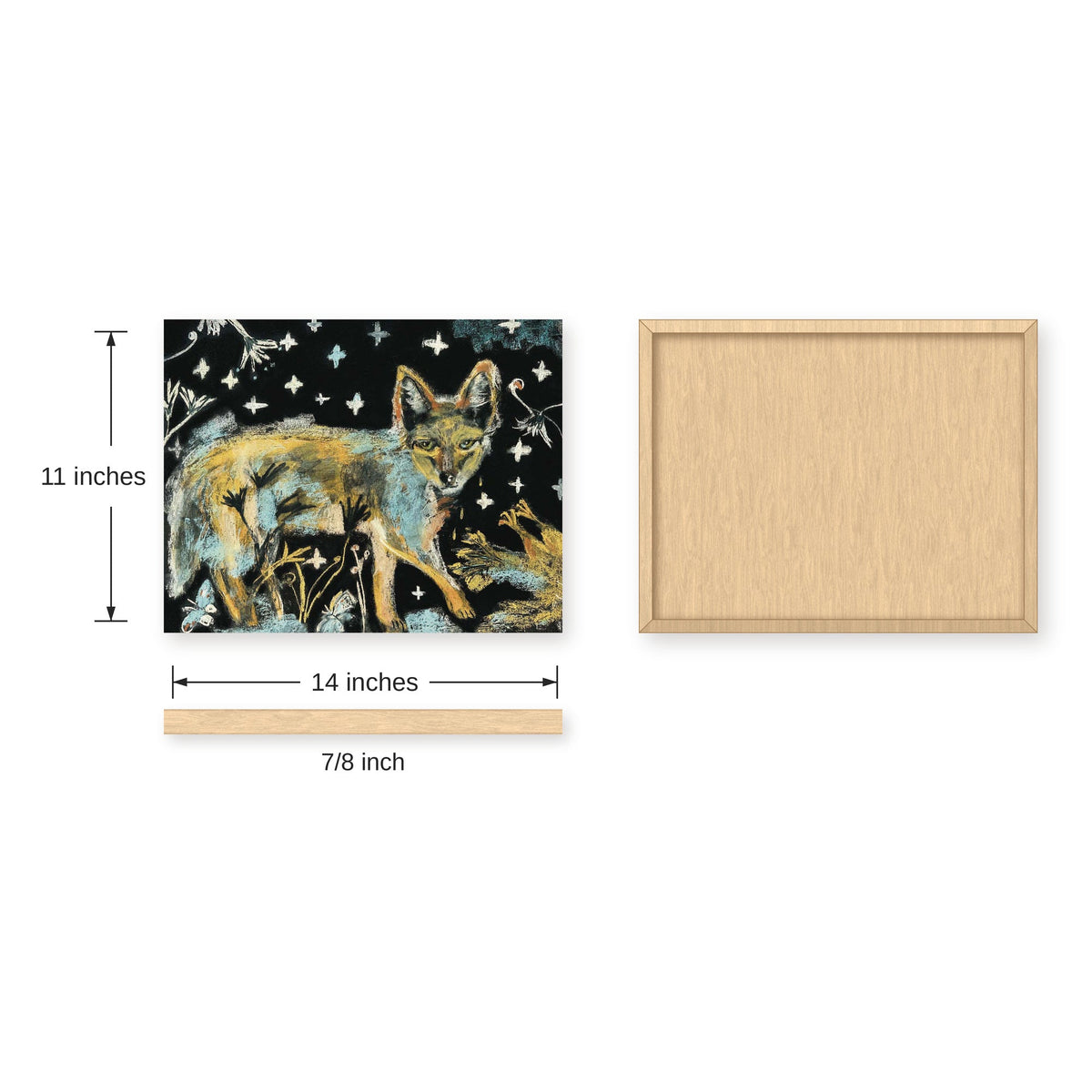 Size guide for the 14×11 inch Nighttime Coyote and Chicken art print on 7/8-inch deep gesso board