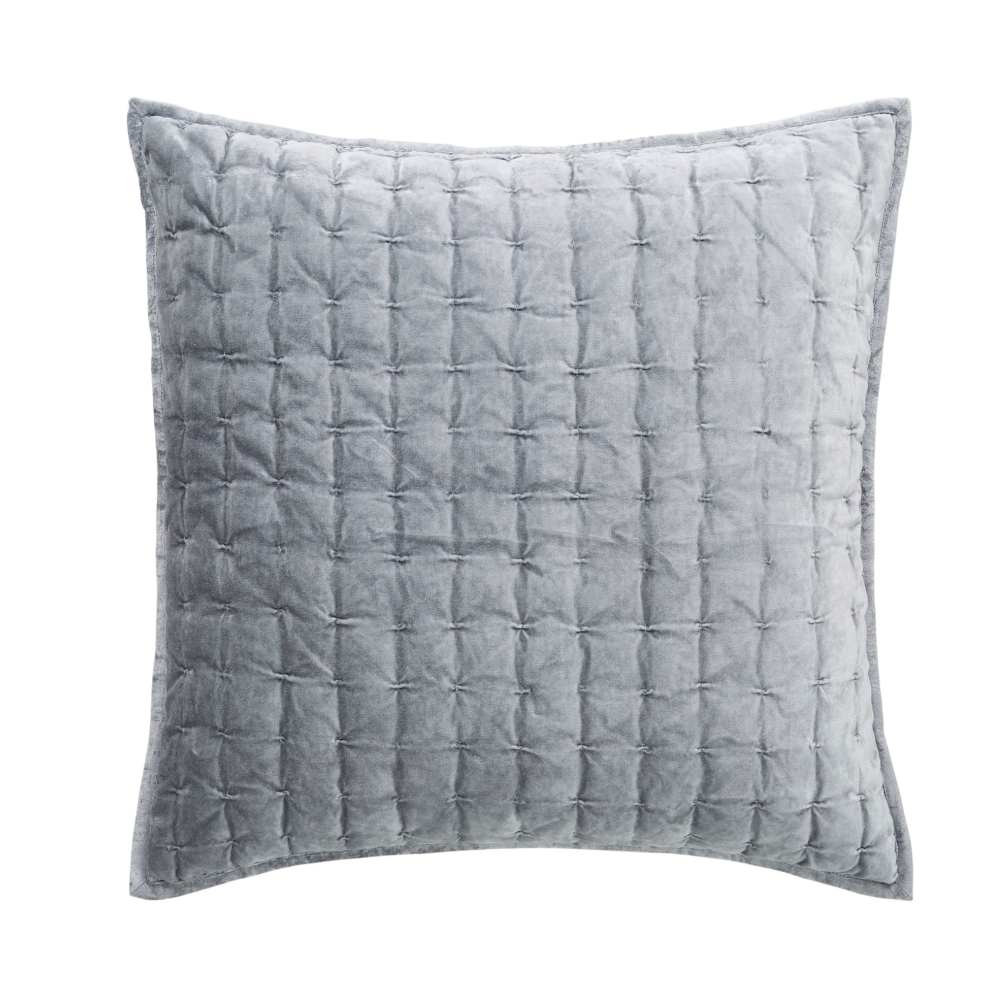 DE-324-3137-LOT1_1|Plush grey velvet square quilted pillow sham with unique square tufted pattern, adding texture to bedding.