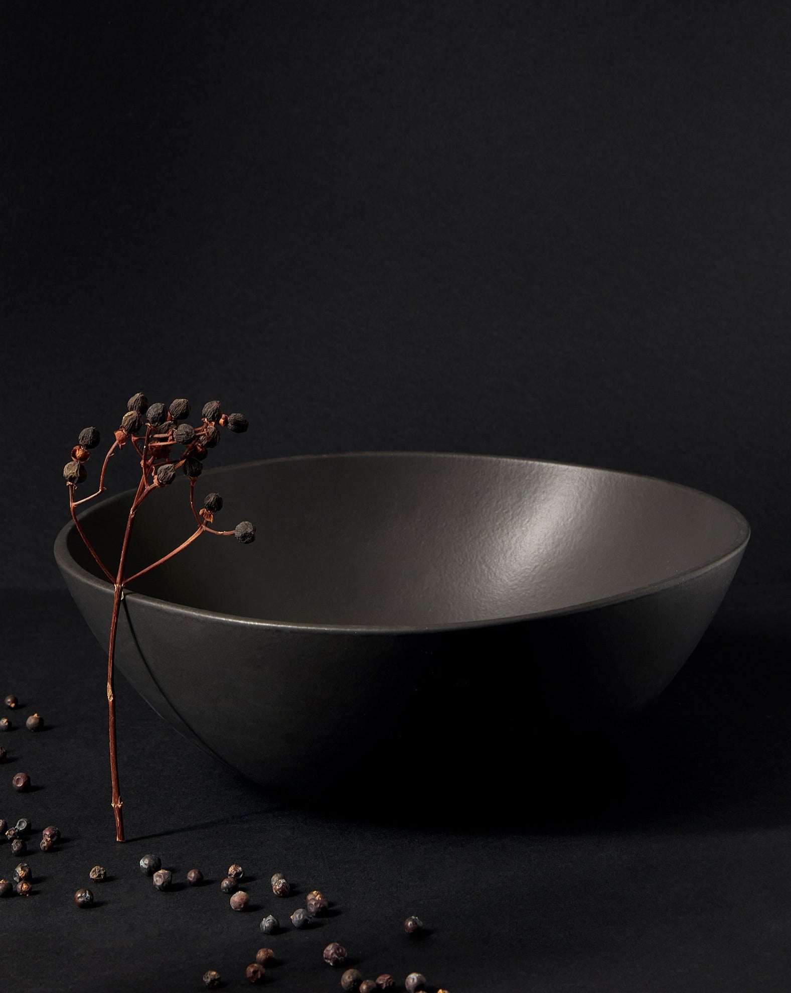 A matte black stoneware bowl placed on a dark surface, containing dried botanical elements with stems, creating a minimal and earthy aesthetic.