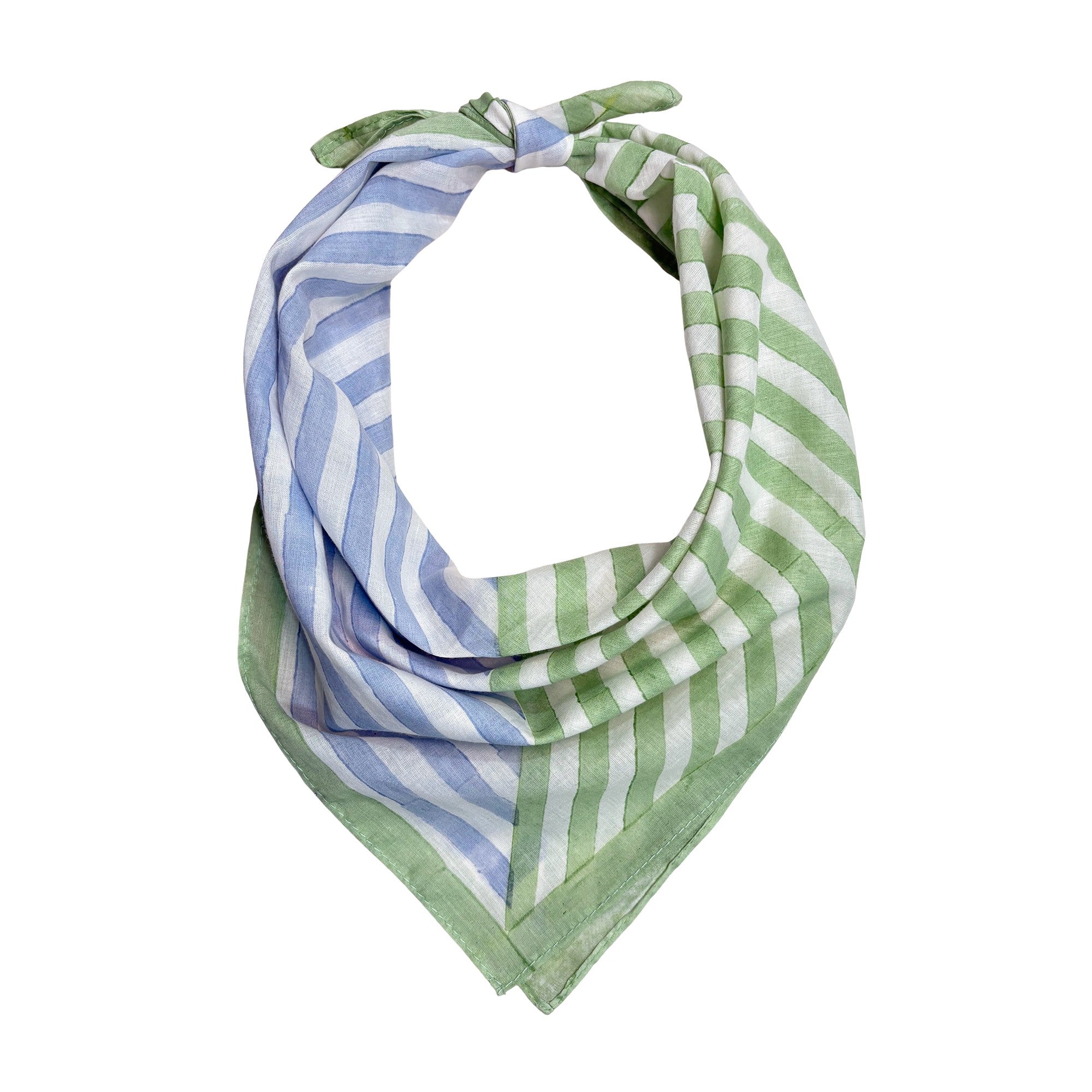 Handcrafted Cotton Square scarf | Bandana | Blue and Green Stripes