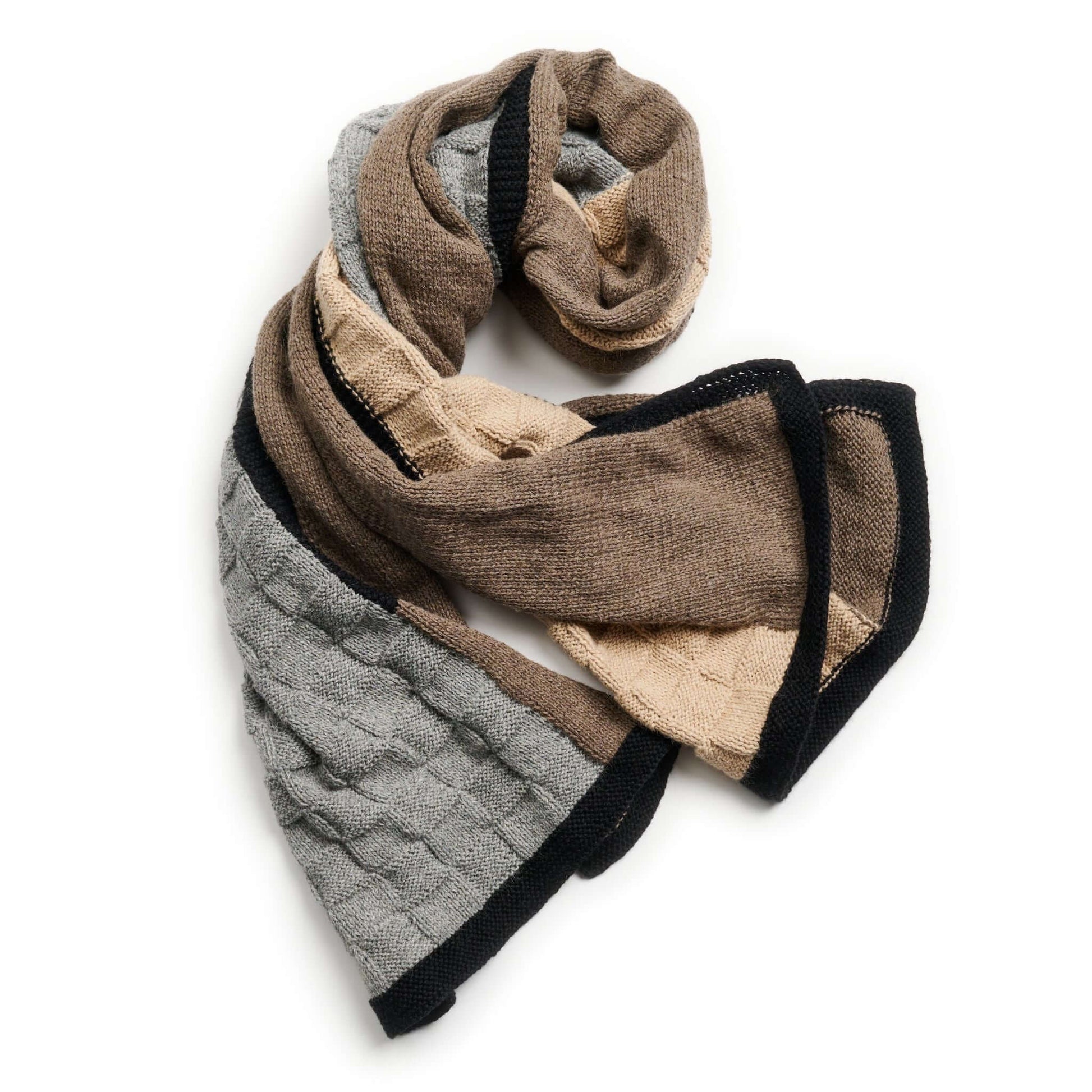 Muhu Brown Gray Hand Knitted Peruvian Alpaca Blanket / Large Plush Scarf, showcasing a blend of textures and colors.