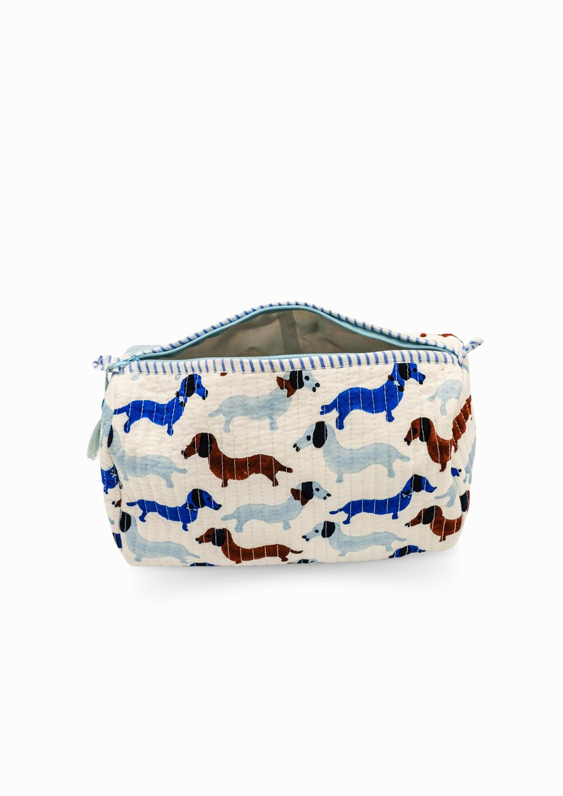 Single dashing doxies toiletry bag with colorful dachshund pattern, zipper detail