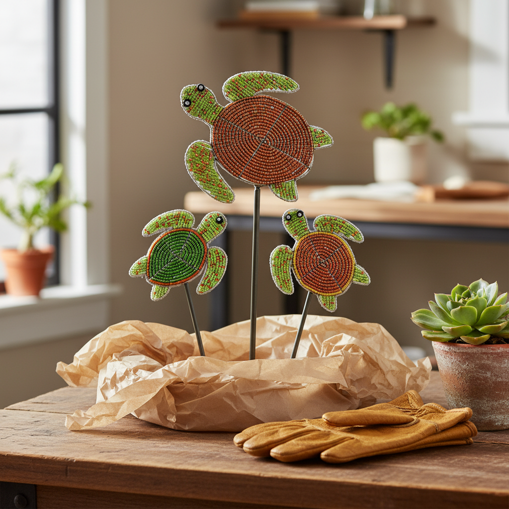 Sea Turtle Garden Stake Set of 3 as a gift set on a rustic wooden table