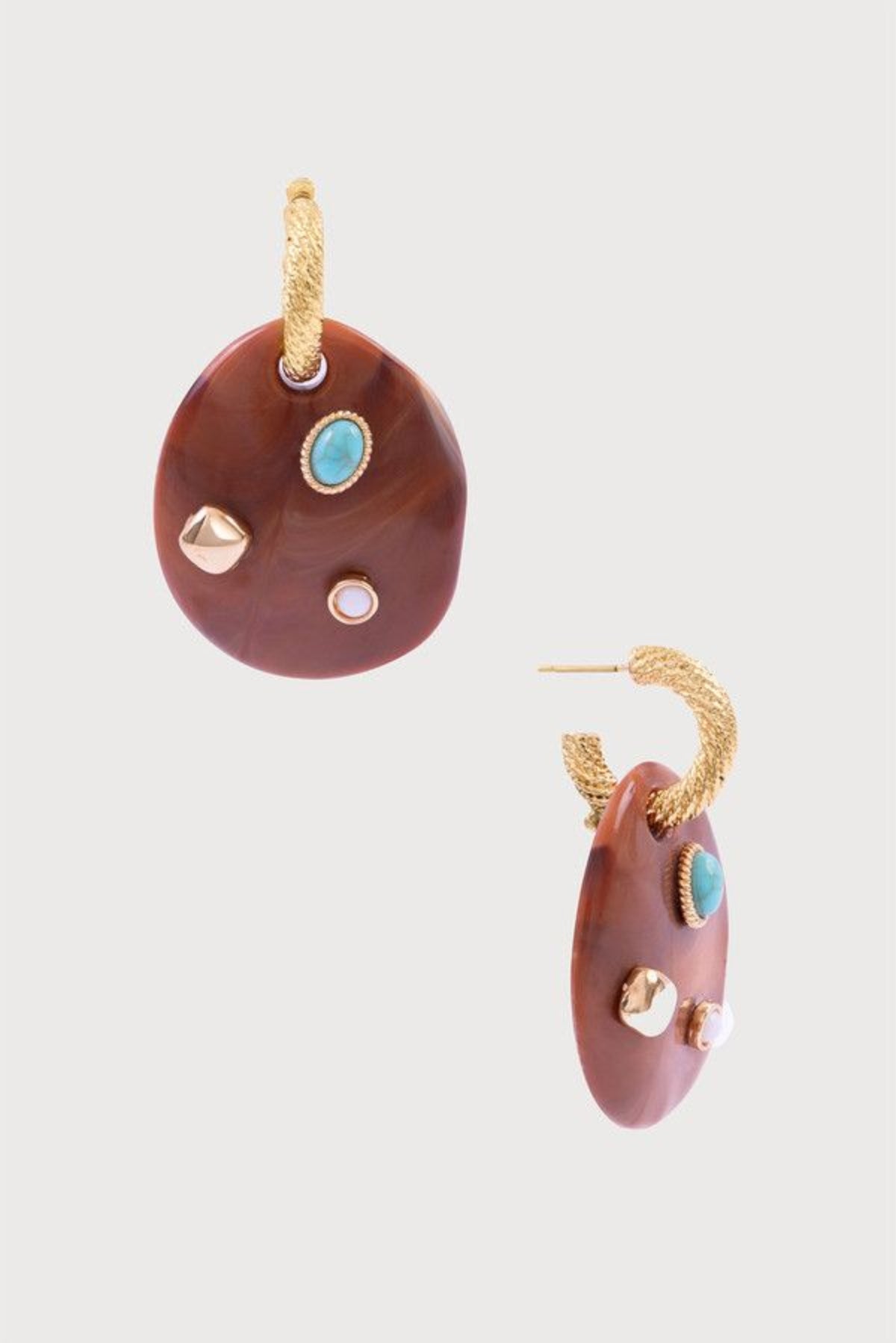 Stone-Studded Wood Disc Drop Earrings - BROWN