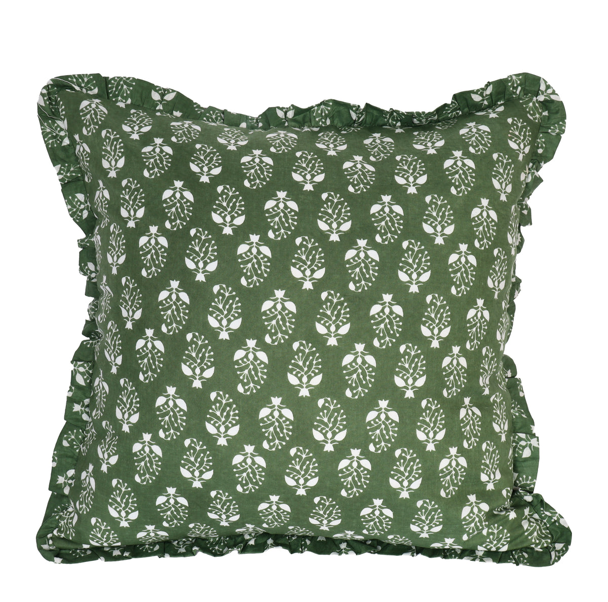 Green botanical ruffled pillow cover, front view