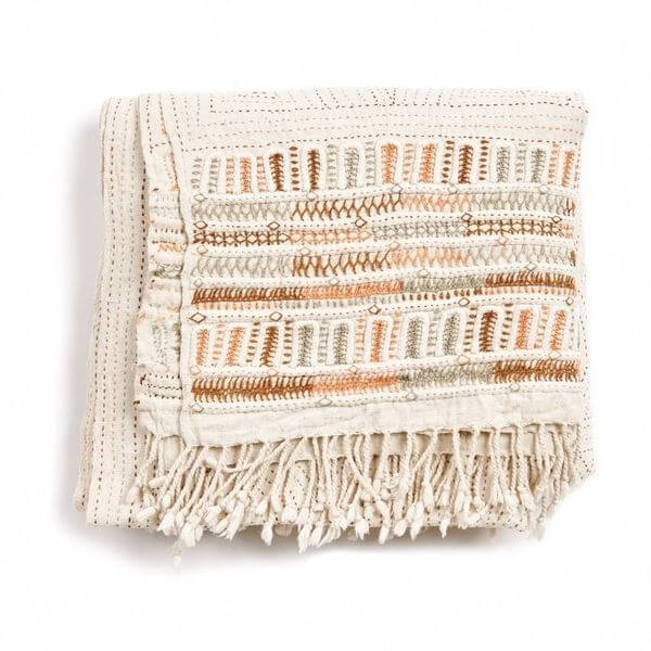 Unah Coral Fully Hand Embroidered Handwoven Organic Cotton Throw with intricate patterns and fringed edges.
