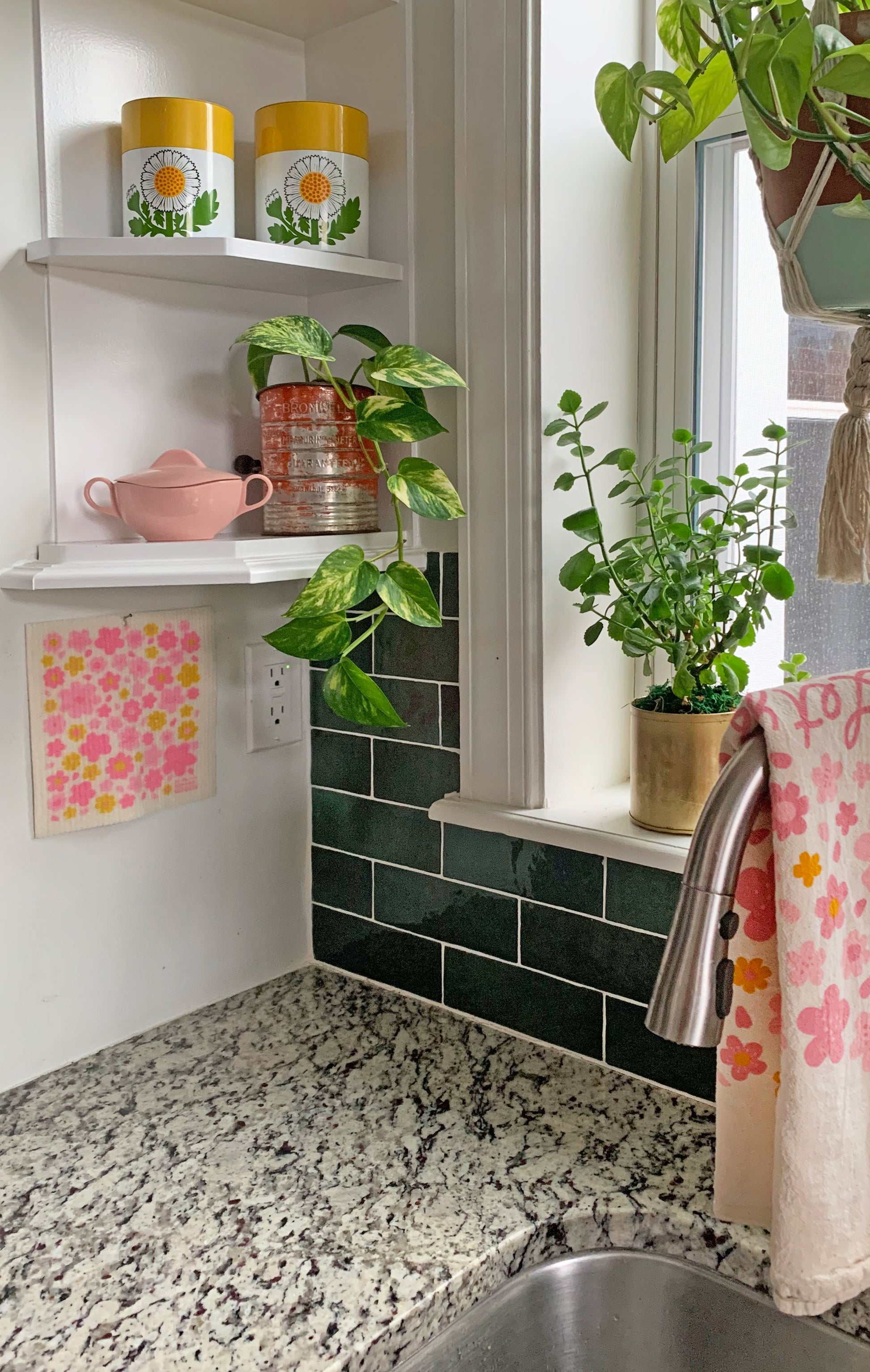 Matching dish towel and sponge cloth set with blossoms design, featuring the phrase "Let your dreams blossom"