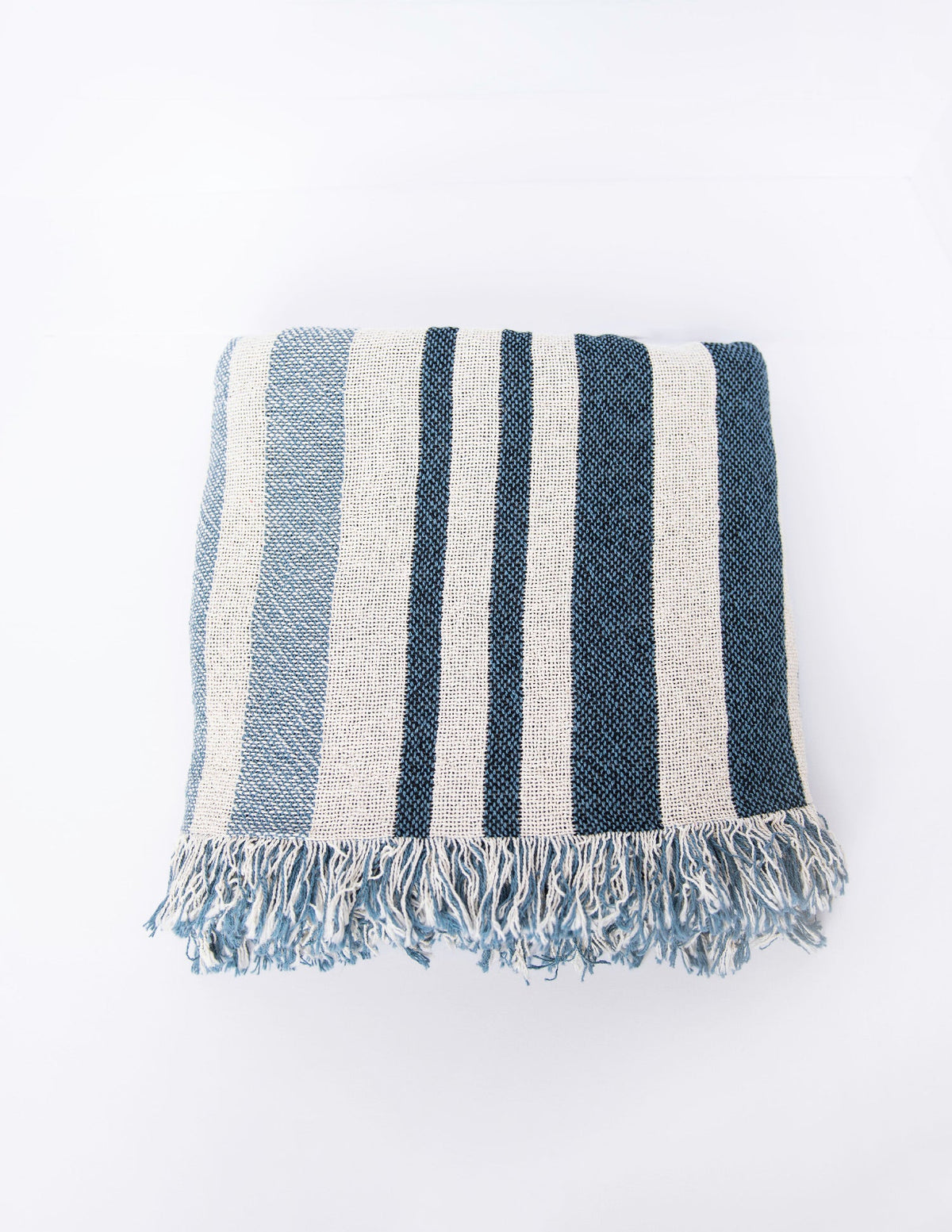 Front view of folded Sutton Delft coastal stripe throw blanket with blue fringe