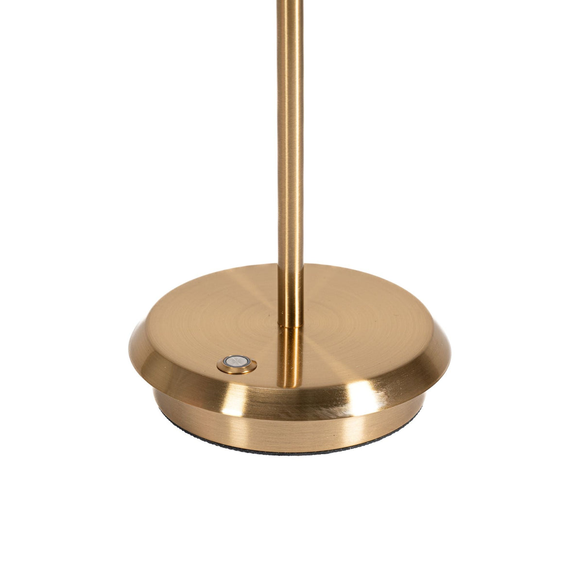 Gold cordless table lamp base with power button detail