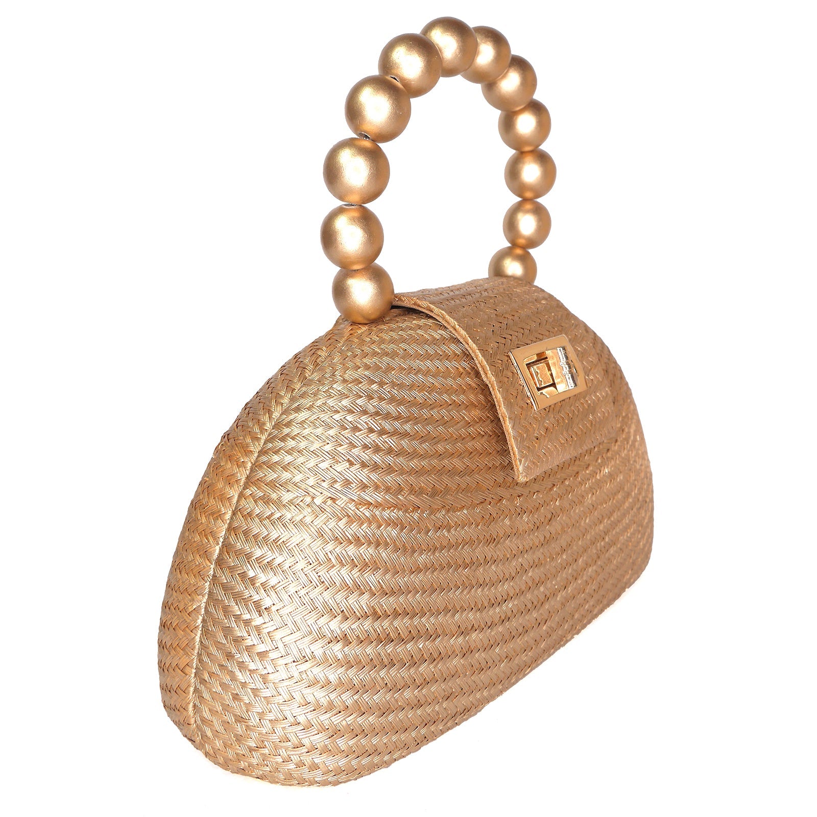 Side view of the Orla gold buntal straw bridal bag