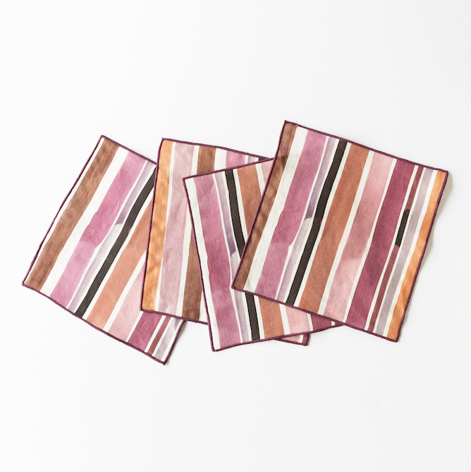 Lisbon Stripe linen cocktail napkins set of 4 in pink plum maroon and rust tones - Goldie Home