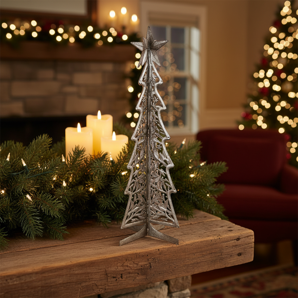 Tall 3D Christmas Tree Haitian metal art displayed on holiday mantle