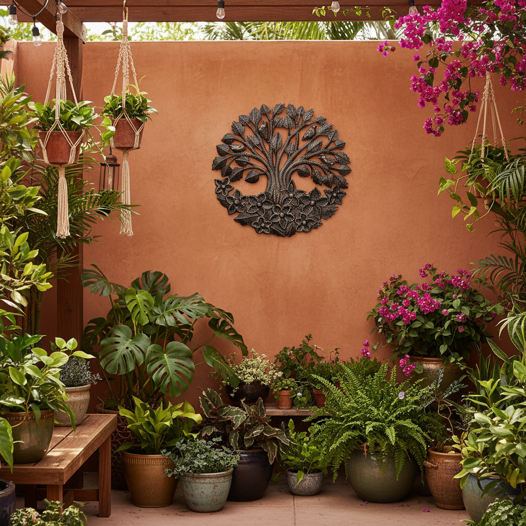 Bountiful Tree of Life Haitian metal art displayed on outdoor patio wall with tropical plants