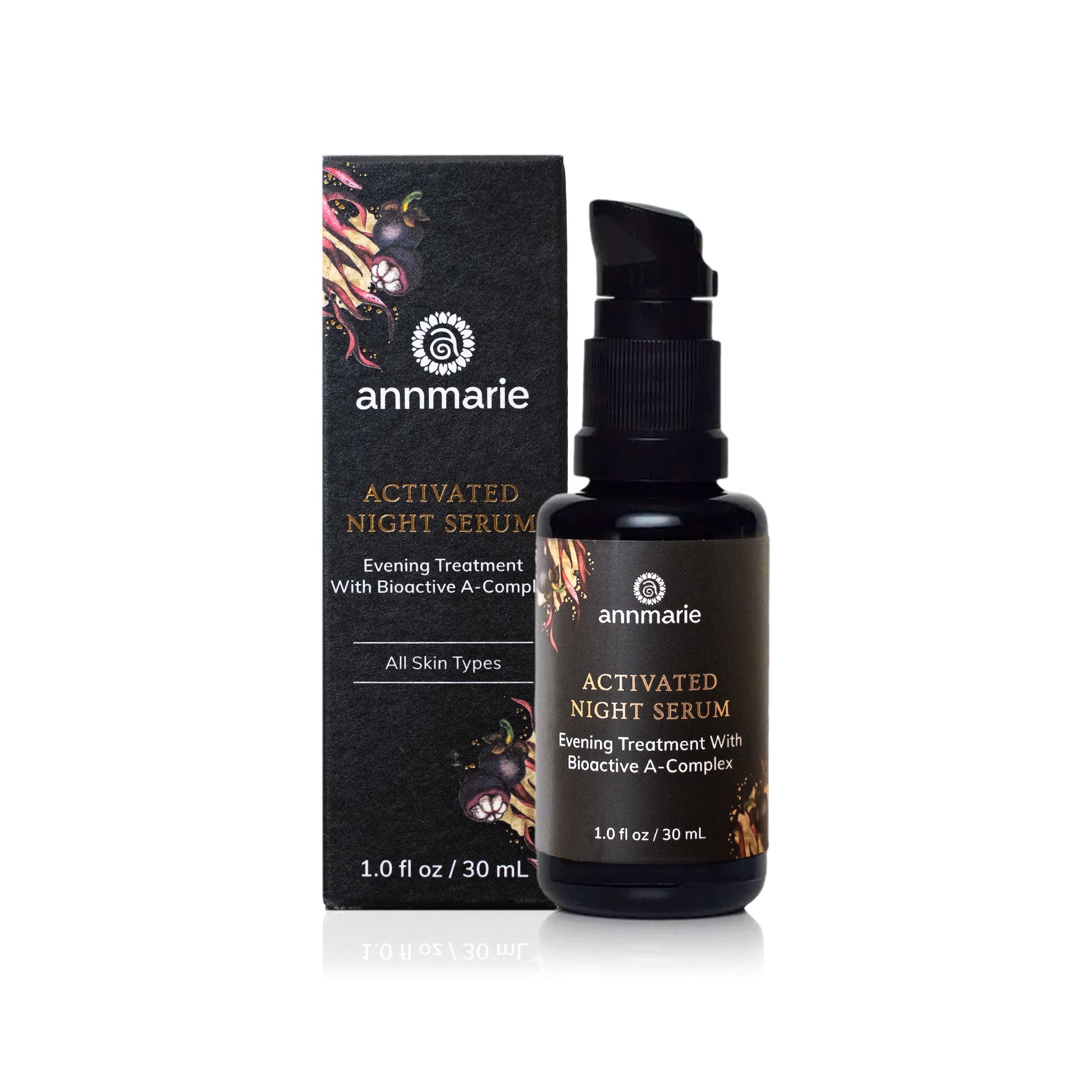 Activated Night Serum evening treatment with Bioactive A-Complex shown with dark glass pump bottle and matching product box packaging