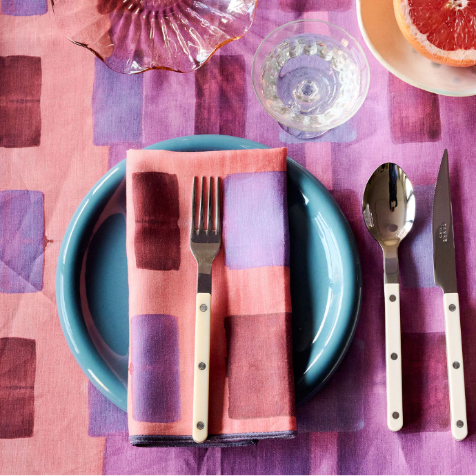 Pink Tapestry linen dinner napkin with bold abstract brushstroke pattern in pink salmon and lavender - Goldie Home